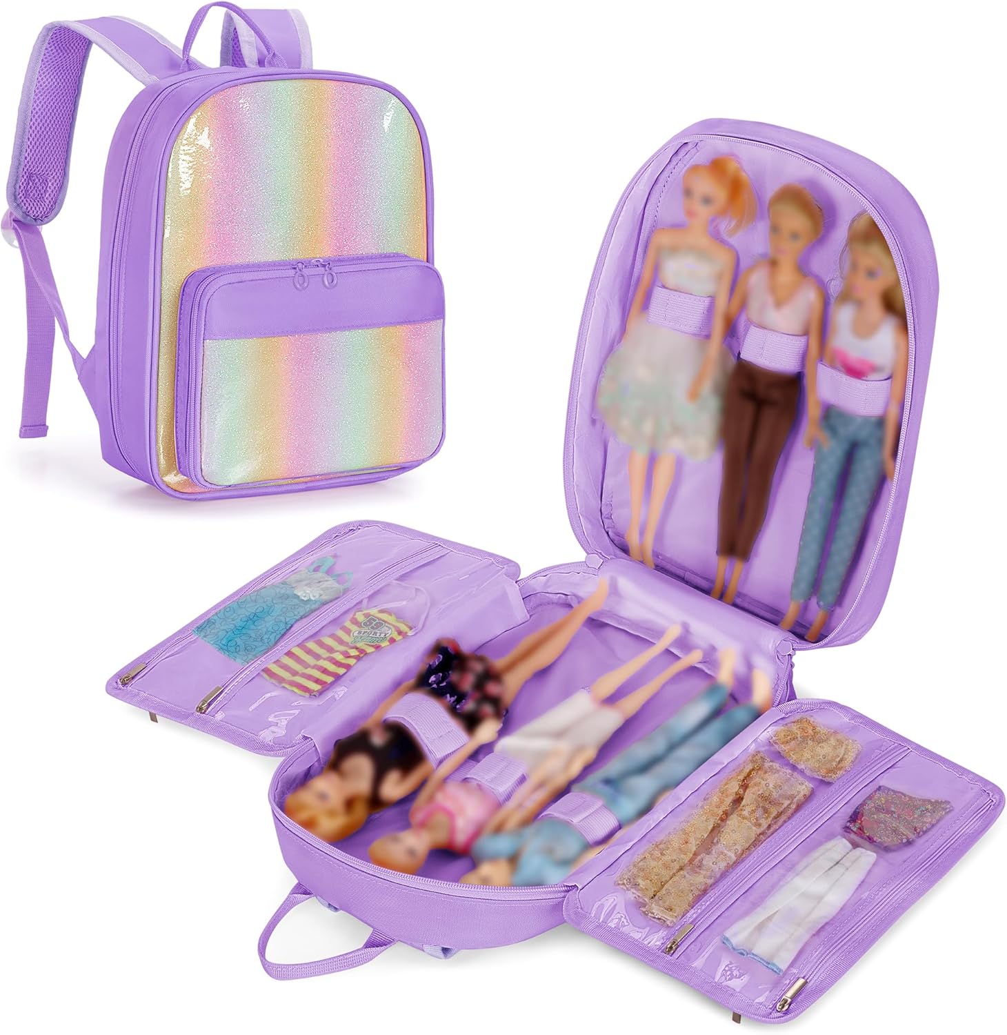 GRAOSO Carrying Backpack Compatible with Barbie Dolls 12-Inch, Travel Storage Bag with Fix Strips Holds up to 6 Dolls, Display Pockets for Doll’s Clothes, Accessories, Purple, Bag Only