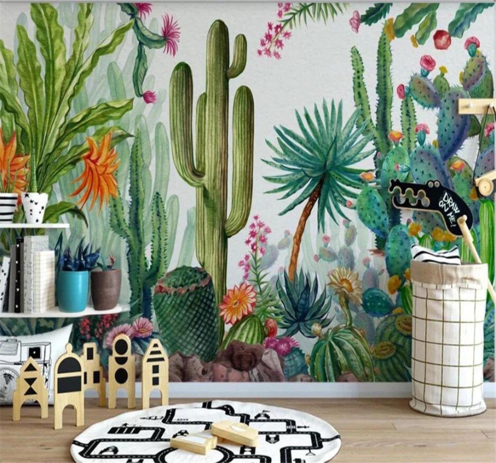 Fresh Minimalist Green Cactus Flowers 3D Wallpaper Easy Install Feature Office Living Room Sofa Bedroom TV Background Wall Decoration-200cm×140cm