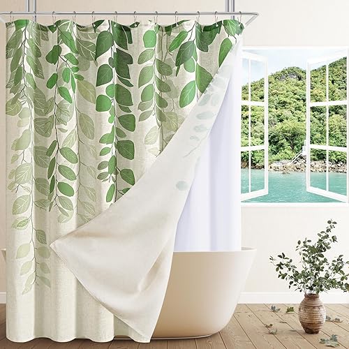 SMABU Cortina de ducha de lino con forro a presión, cortinas de ducha de tela negra de doble capa negro y beige tostado, forro de cortina de ducha