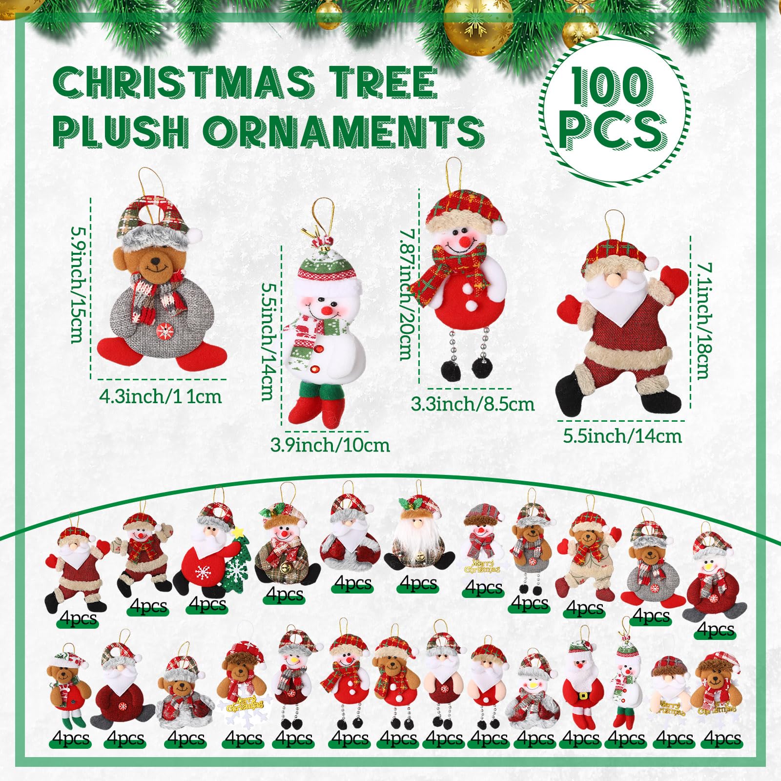Suzile 100 adornos de felpa para árbol de Navidad, oso de Papá Noel, muñeco de nieve, decoraciones de Navidad, colgante tradicional de árbol colgante de Navidad, adornos de muñeca rústica para
