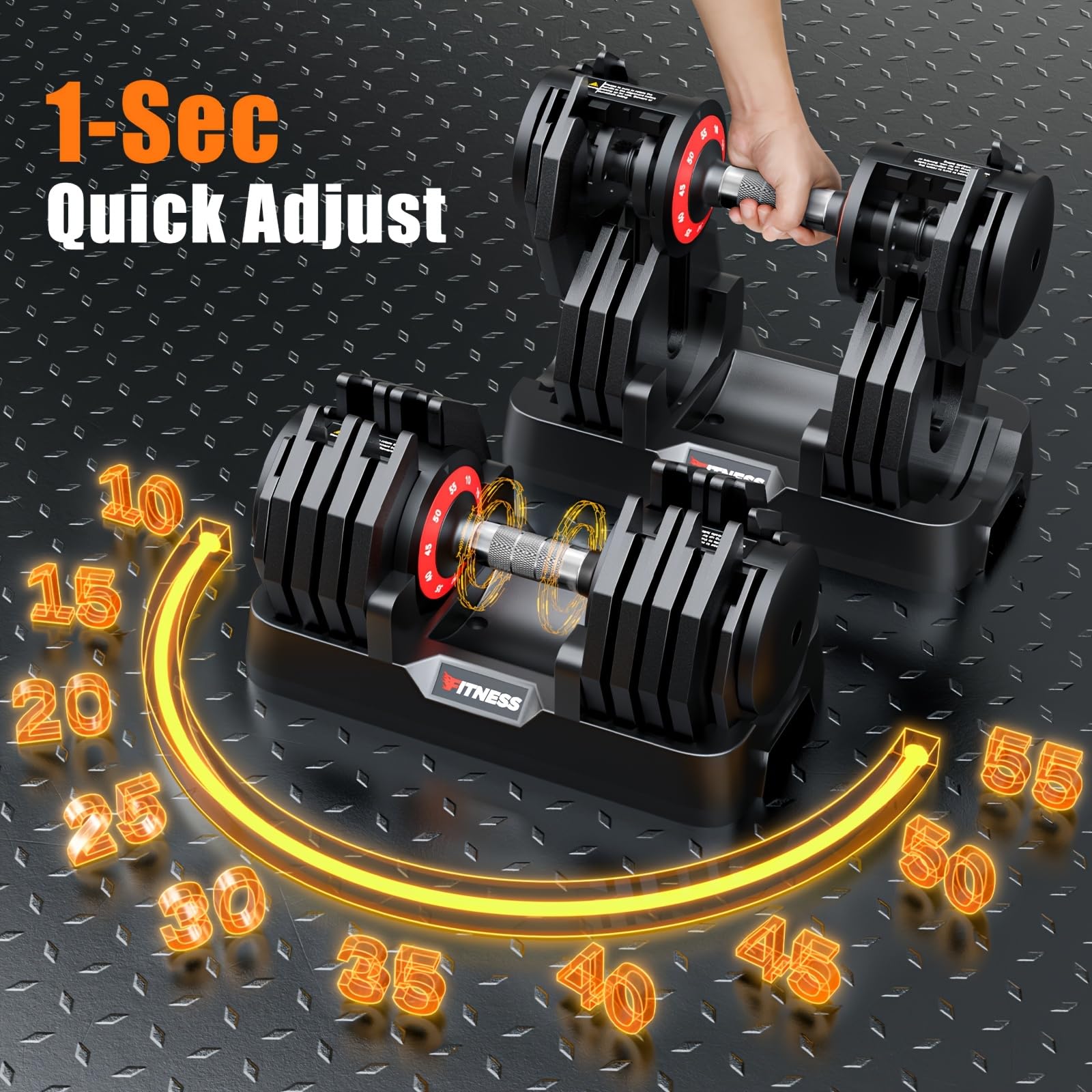 Decagonal black and red adjustable dumbbell with base