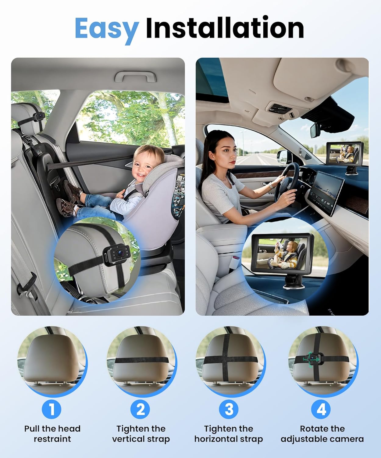 Baby Car Camera for Backseat HD 1080P Support Wireless Carplay Android Auto Super Link, 7” IPS Screen Facing Car Baby Monitor, Support Night Vision Adjustable View Angle Easy Setup FM BT GPS