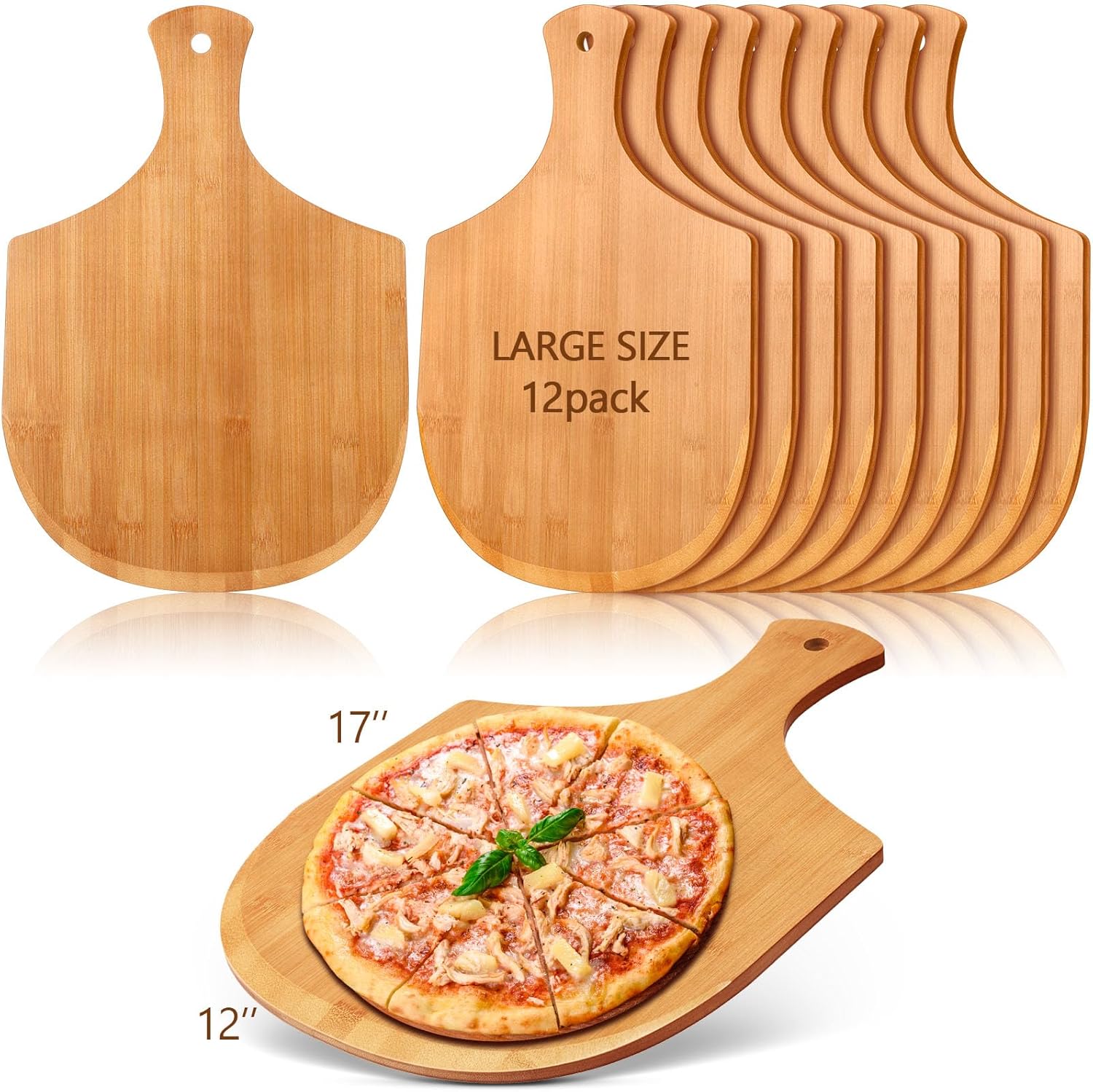 Roshtia 12 Pcs 17 x 12 Inches Wooden Pizza Peels for Making Pizza Paddle with Handle Hanging Cutting Board Spatula Paddle for Bread Cheese Kitchen(Bamboo Wood)