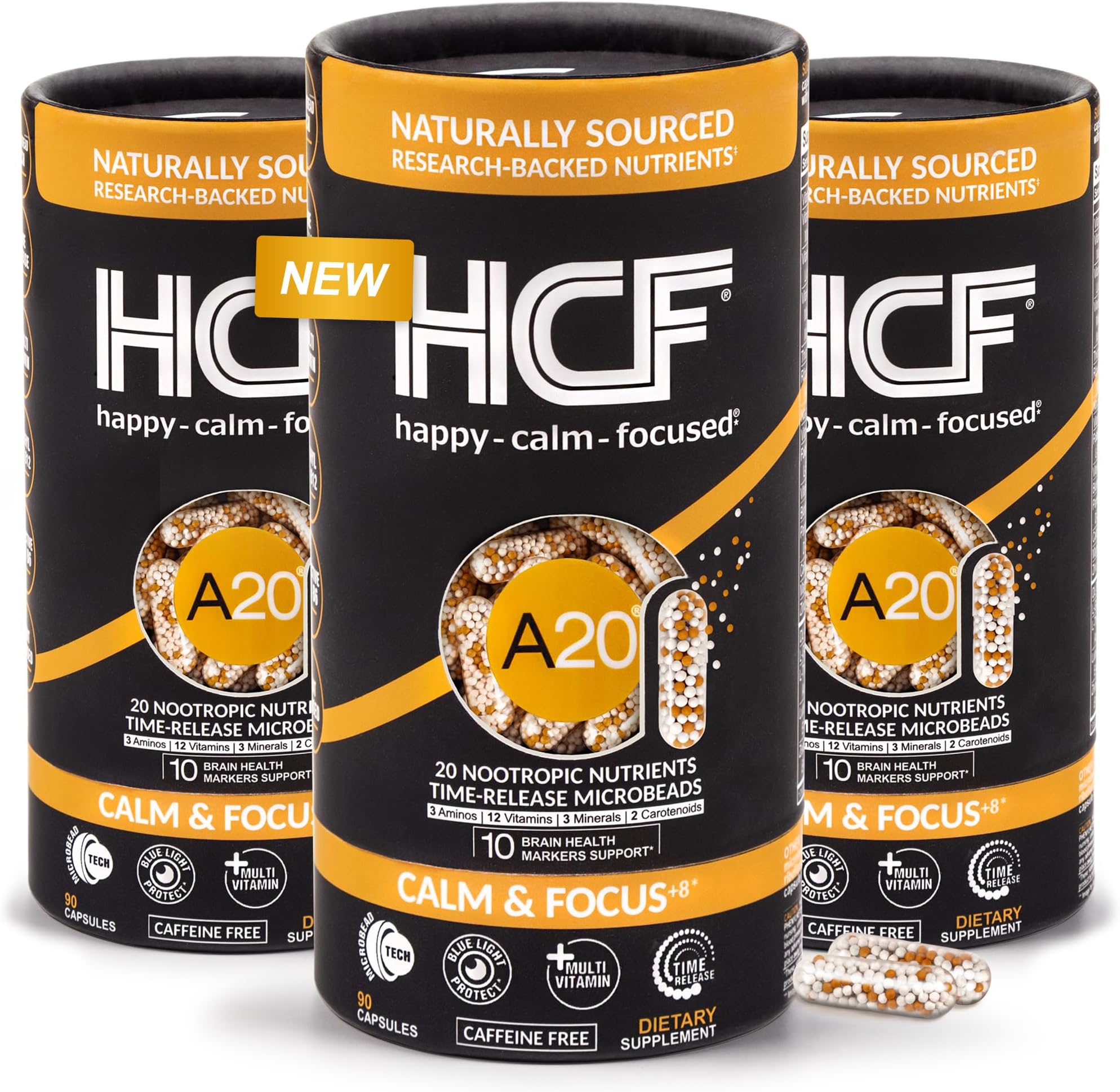 HCF A20® Microbead Brain Supplement + Multi-Vitamin - Calm, Focus, Mood, Memory, Attention, Vision, Blue Light, Sleep, Immune System, 20 Premium Nootropic Nutrients & 7 Advances® Technology (Family)