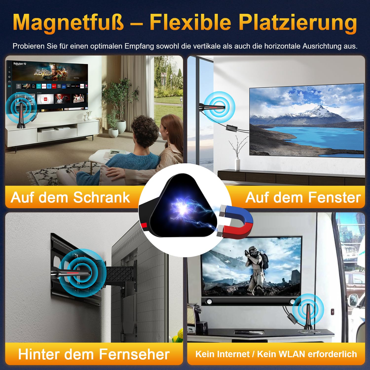 Dvbt2 antenne mit verstärker innen, Dvbt antenne, Dvb-t2 Zimmerantenne für Fernseher, 360° Allroundempfang, 4K HD lokaler Sender, Magnetfuß 3m Kabel (Rot)