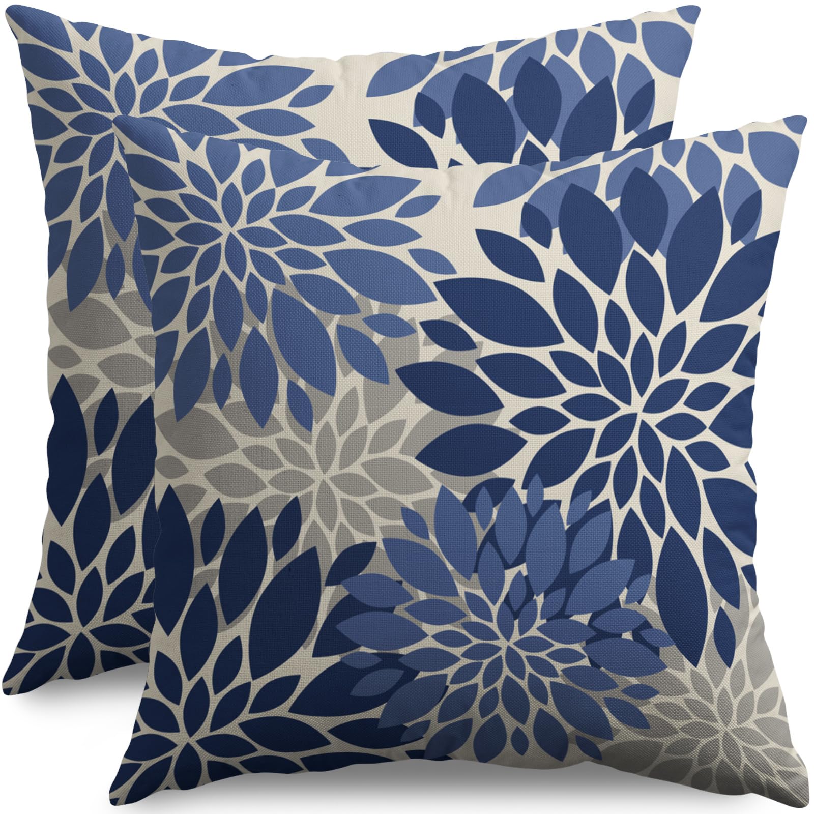 Smozenith Blue Grey Gray Pillow Covers 18X18 Inch Set of 2, Dahlia Flower Spring Summer Floral Cream Decorative Throw Pillow Covers Outdoor Modern