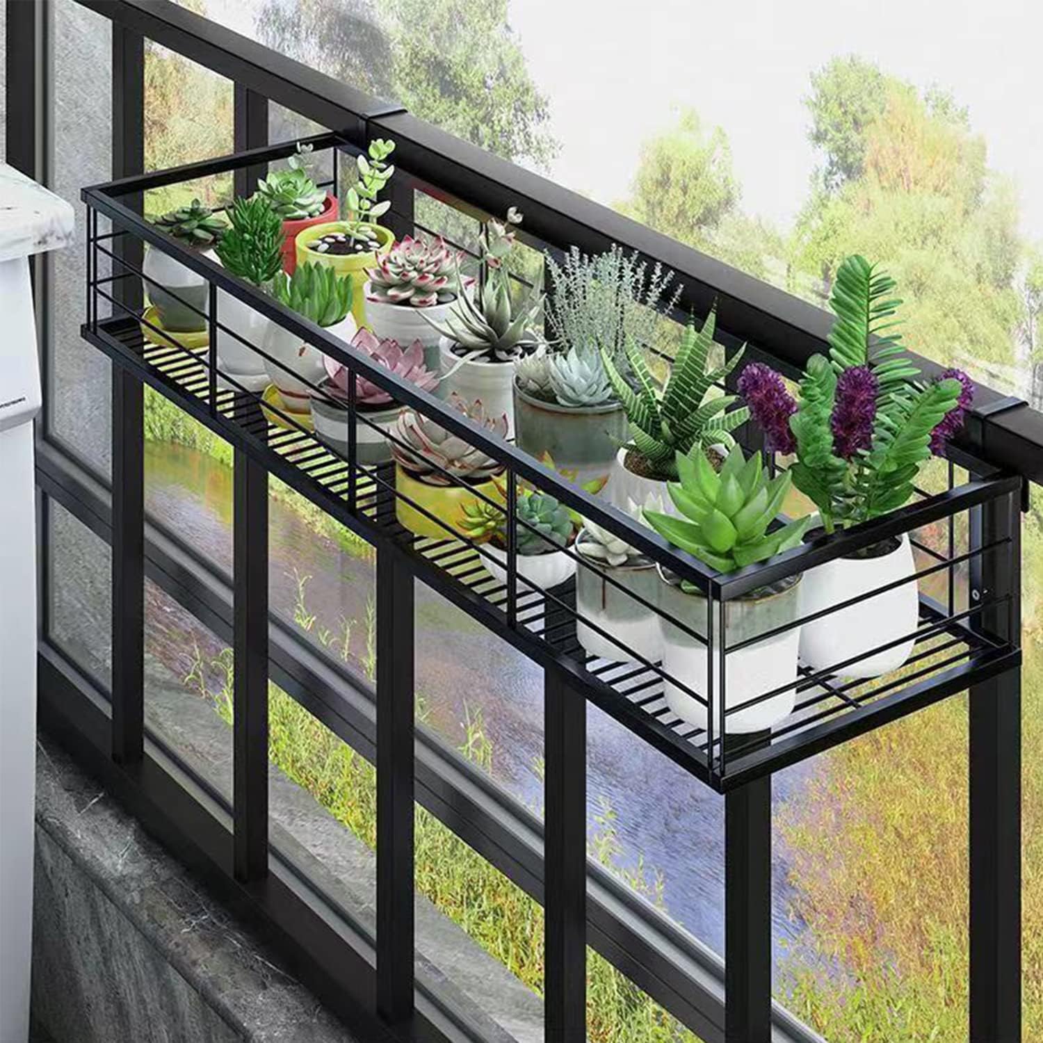Gluckluz Hanging Plant Stand Balcony Metal Flower Pot Basket Planter Holder Rack Rectangular Plant Railing Shelf with Hooks for Patio Indoor Outdoor Garden Porch Fence Decoration (60x20x12cm)