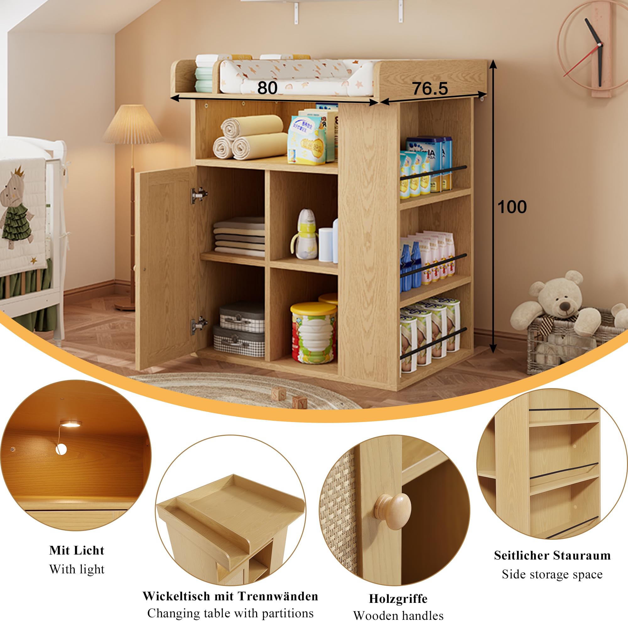 Cambiador de madera natural, gran espacio de almacenamiento, almacenamiento lateral, cambiador con divisor