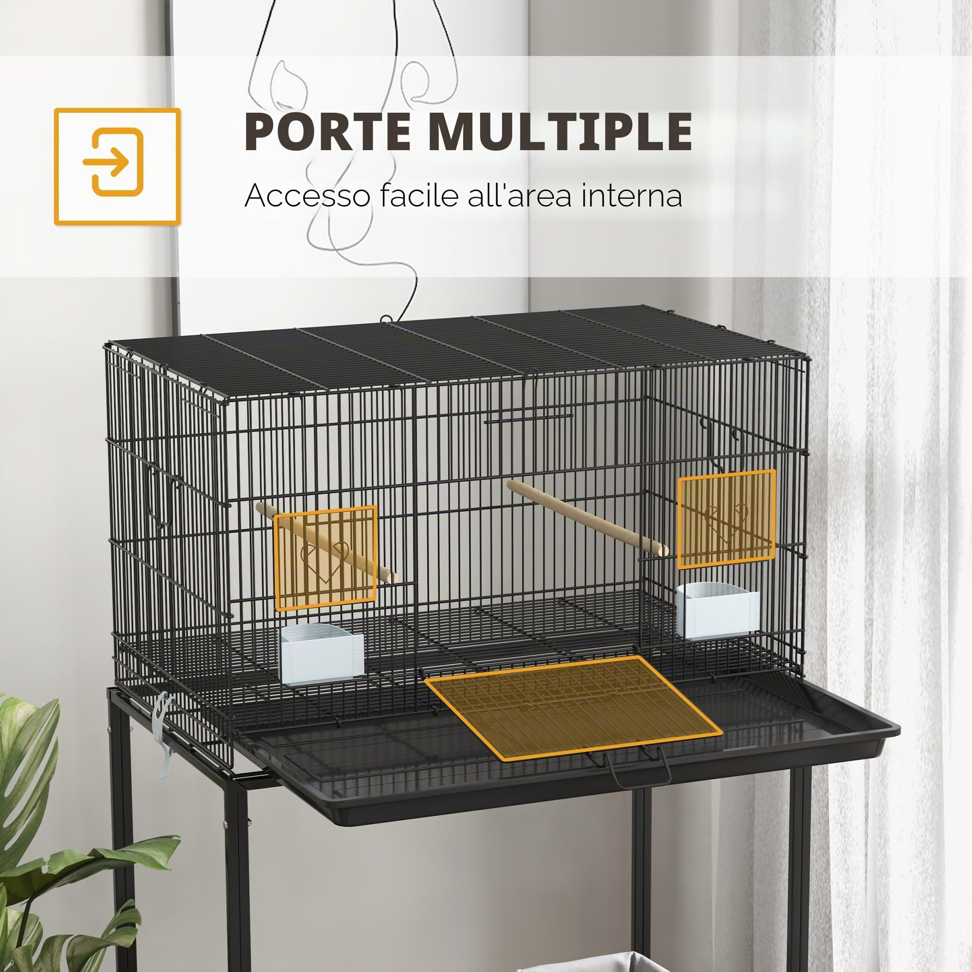 PawHut Gabbia per uccelli 77 x 46 x 119 cm Gabbia in metallo per uccelli con vassoio estraibile grucce mangiatoie per parrocchetti Canarini Nero