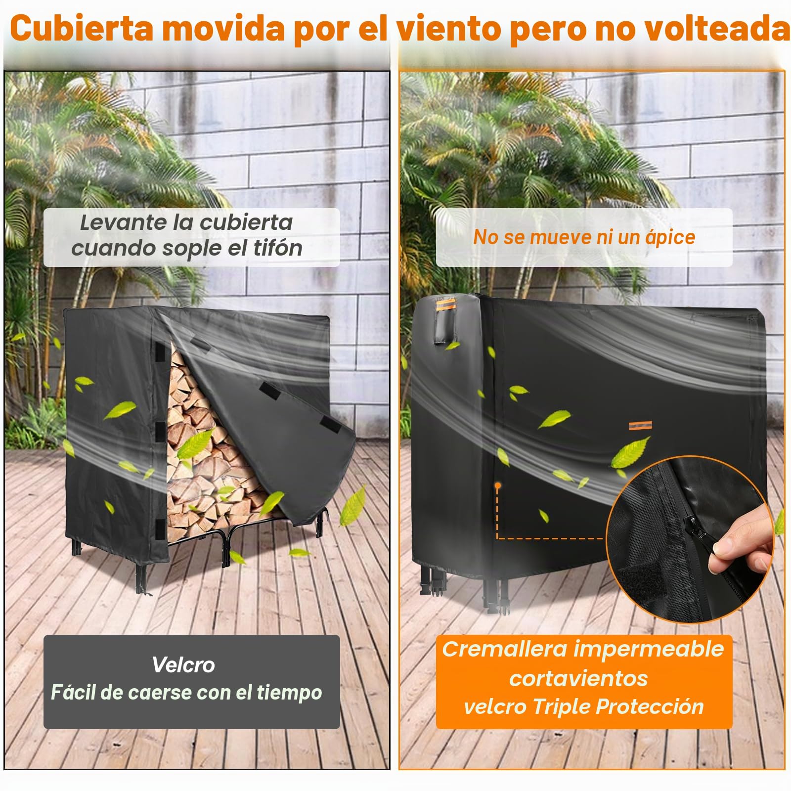 DOCEPERT 20 cm (8 pies) para exteriores (soporte para leña no incluido) funda de almacenamiento impermeable con cremallera con solapa frontal abierta, tela Oxford 420D, se adapta a 96 pulgadas x 24