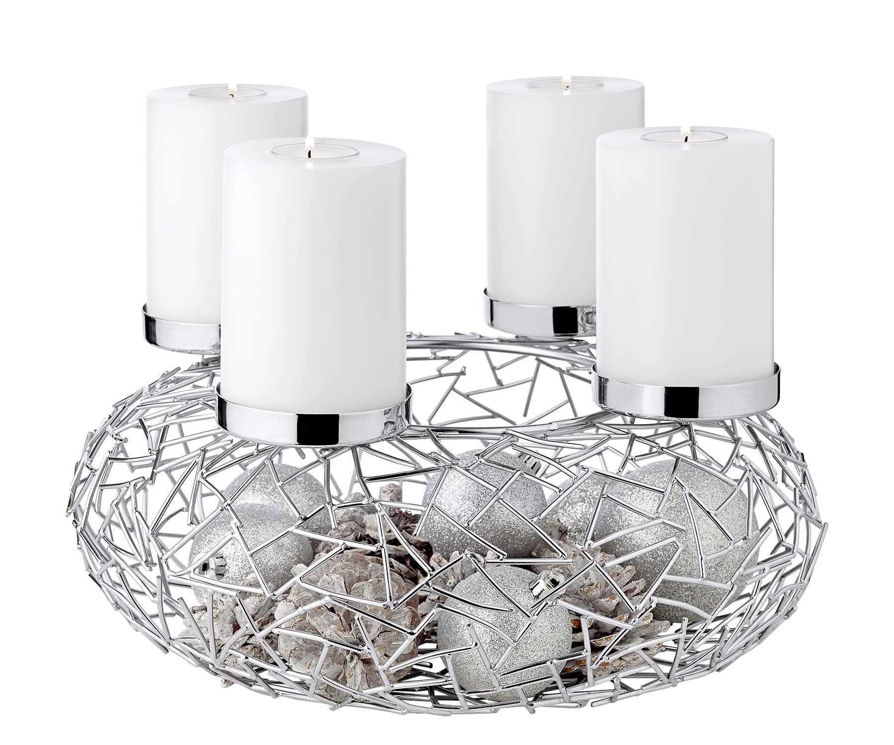 EDZARD Corona de adviento Milano, Acero Inoxidable niquelado, Color Plata, diseño de Rama, diámetro 34 cm, para Velas de 8 cm de diámetro