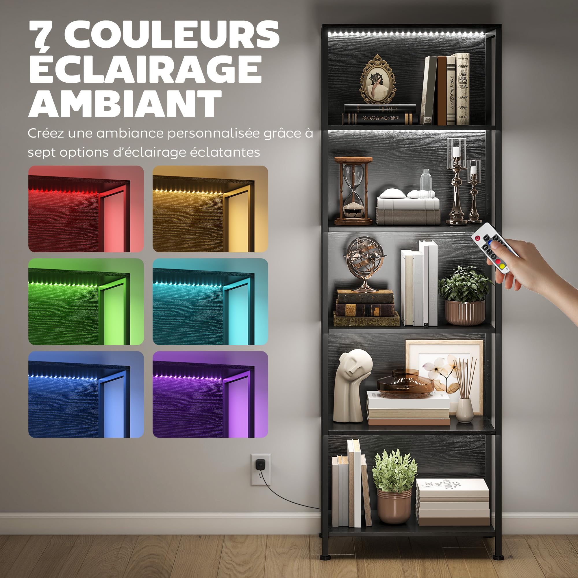 HOMCOM Bibliothèque à 5 Niveaux avec éclairage LED 7 Couleurs, étagère de Rangement, Structure en Acier, Style Industriel, Meuble de Rangement pour Salon, Bureau, Chambre, 60 x 30 x 179 cm, Noir