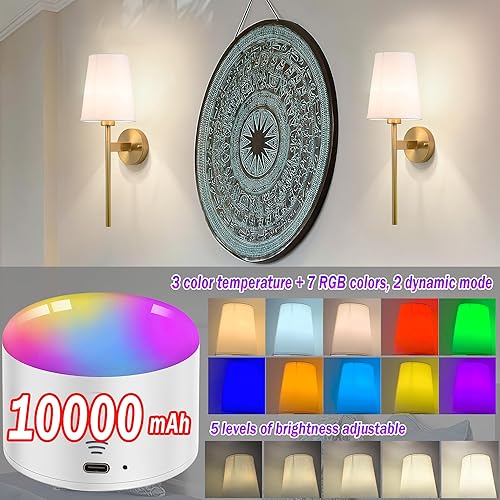 Miniatura 4 de Aplique de pared a pilas con control remoto, pantalla de tela blanca, juego de 2 apliques de pared alimentados por pilas, lámpara de pared