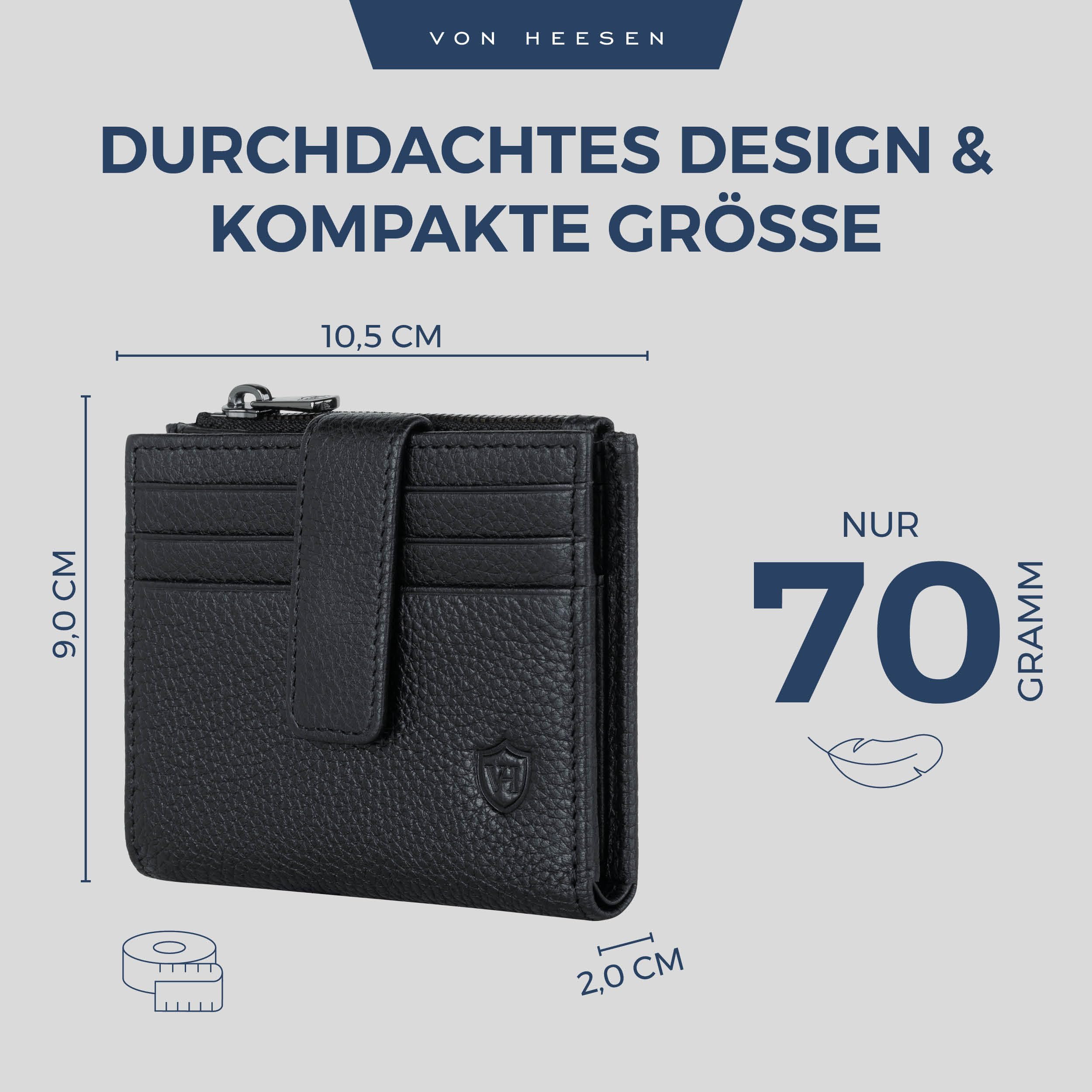 VON HEESEN Leder Kartenetui Geldbörse mit RFID-Schutz - Portemonnaie für Herren & Damen aus echtem Leder - Kartenhalter mit Münzfach - Geldbeutel für Männer und Frauen in Schwarz
