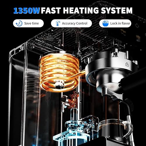 Miniatura 6 de Máquina de café expreso, 20 bares, máquinas de capuchino con espumador de leche para el hogar, cafetera compacta y cafetera de acero inoxidable para