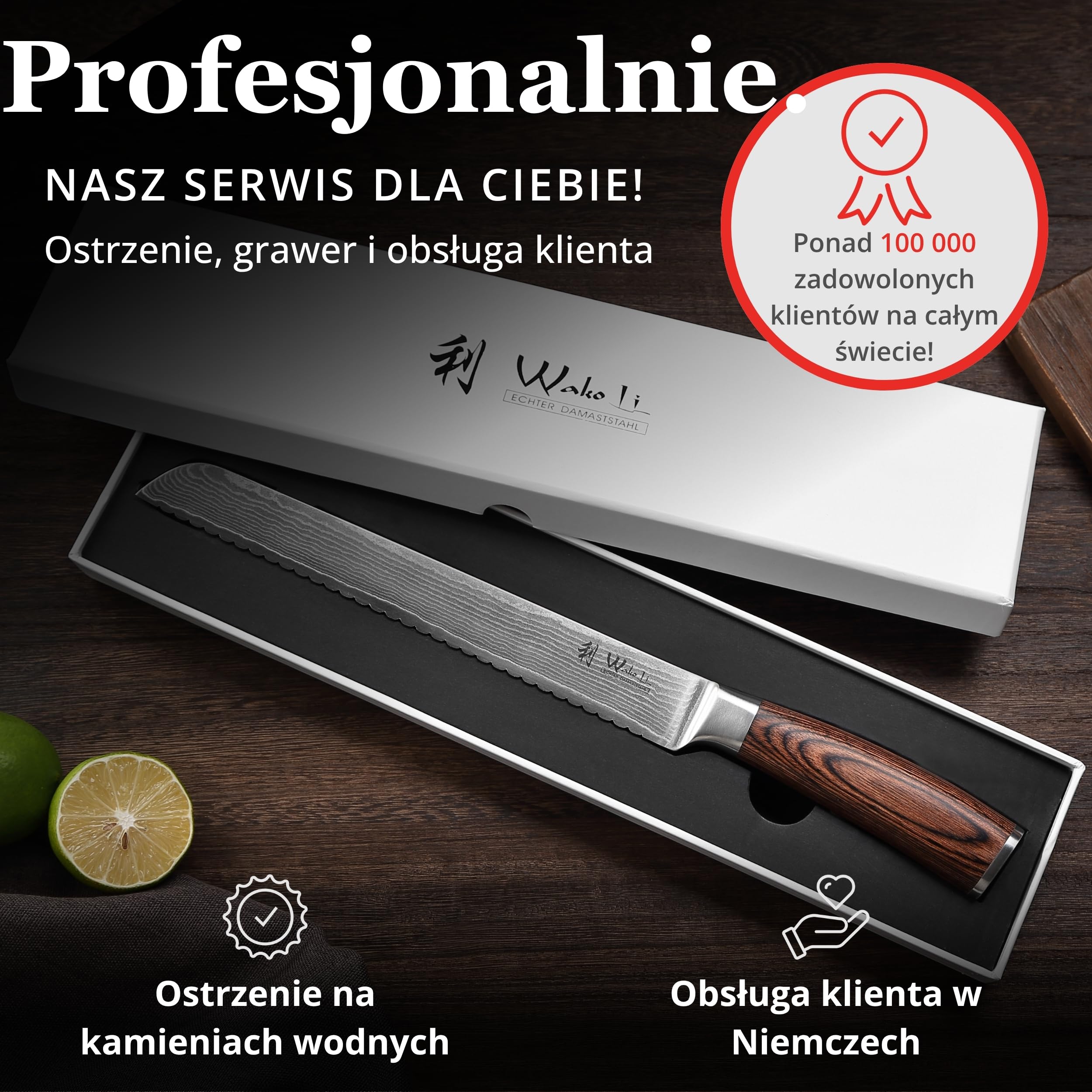 Wakoli EDIB nóż do chleba z ząbkowanym ostrzem ze stali damasceńskiej z rdzeniem VG10, ostrze 20 cm, ergonomiczna rękojeść z drewna Pakka, w pudełku prezentowym, do pieczywa i chrupiącej skórki