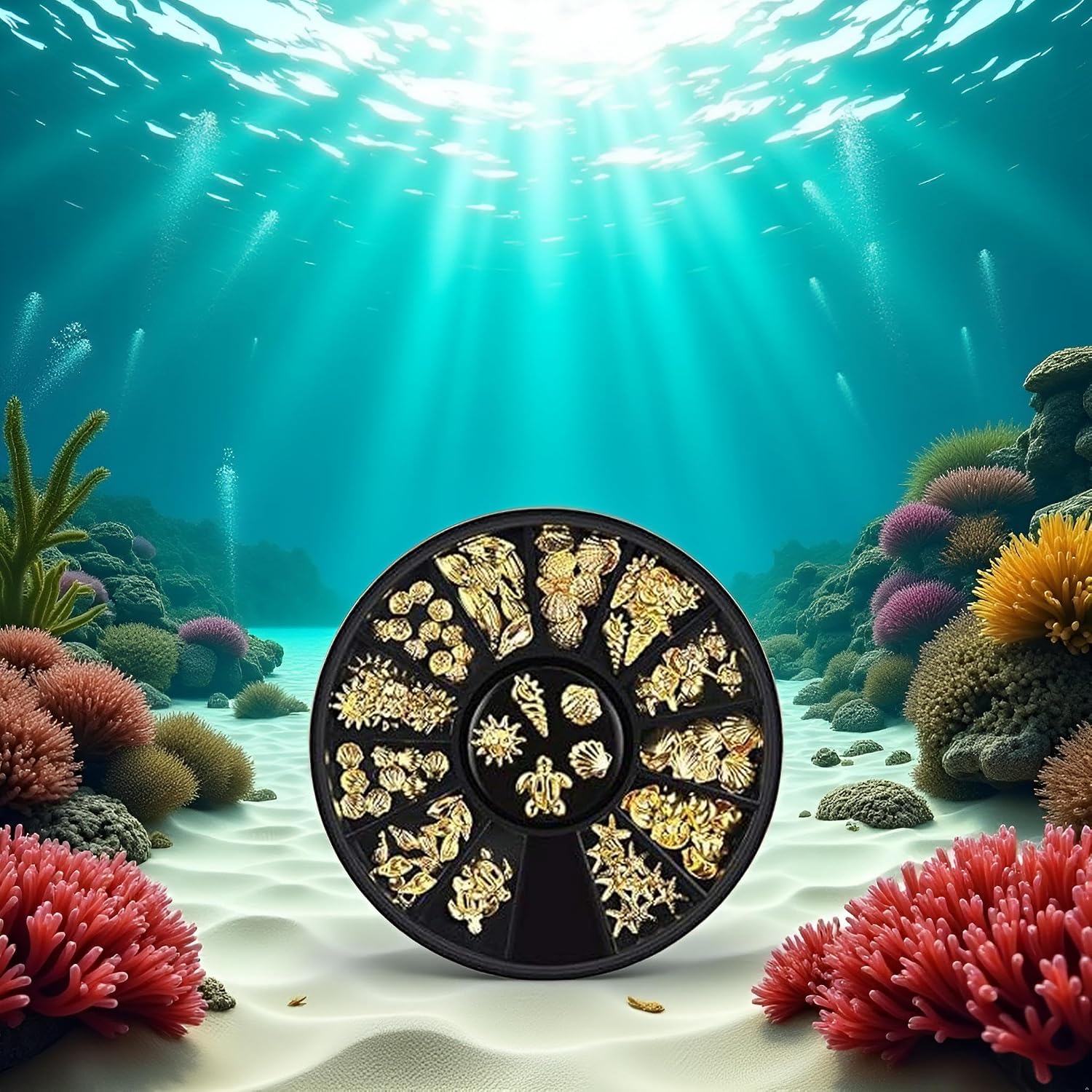 12 Styles Nail Art Metal Studs Gold Metallic 3D Pieces Rivet Palm Tree Turtles Marine Life Charms for Summer Beach Ocean Manicure DIY Acrylic Nails Design Supply Nail Art and Polish(Gold Ocean Studs)