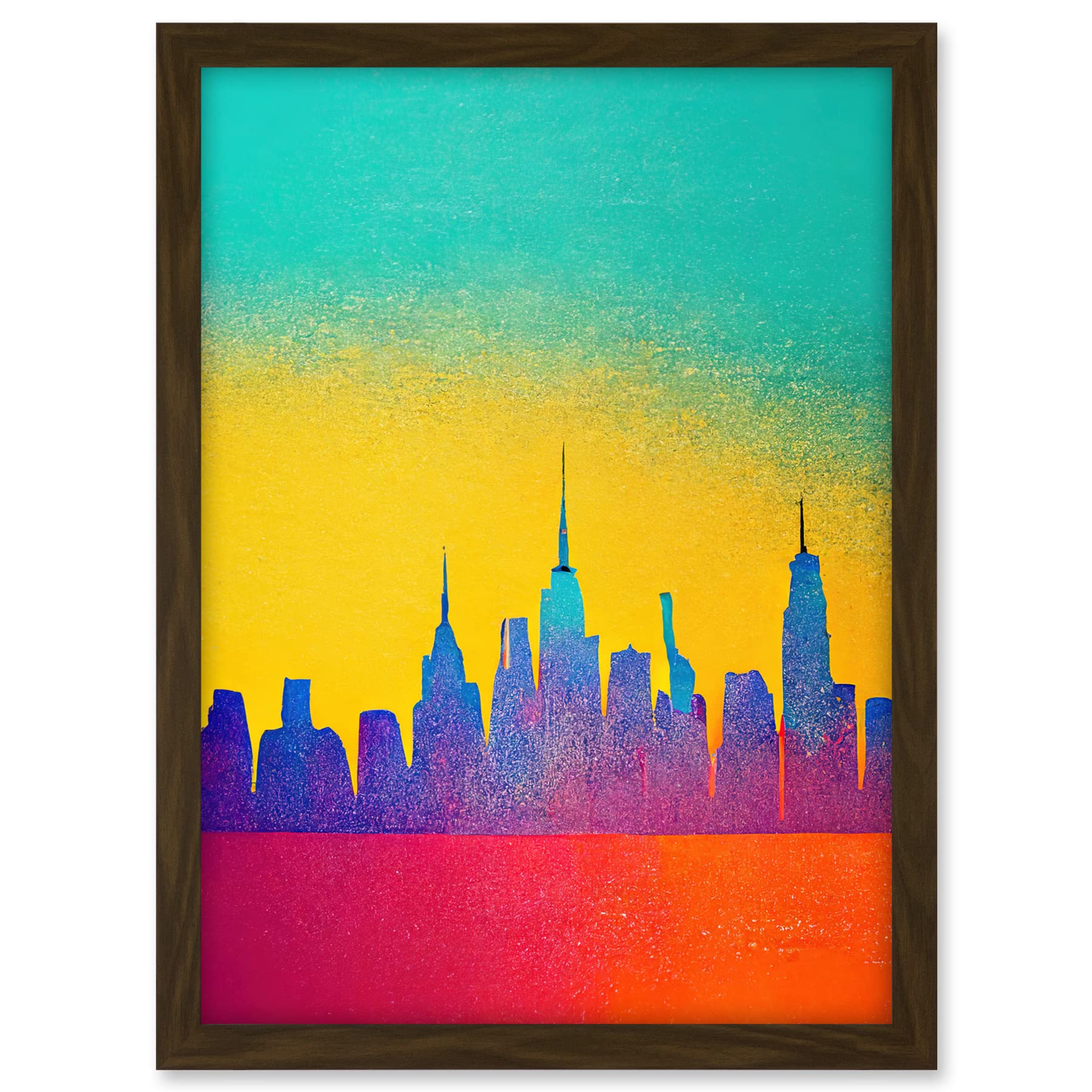 Wee Blue Coo Bright Colourful Abstract New York Skyline Cityscape Yellow Blue Coral Turquoise Artwork Framed A3 Wall Art Print
