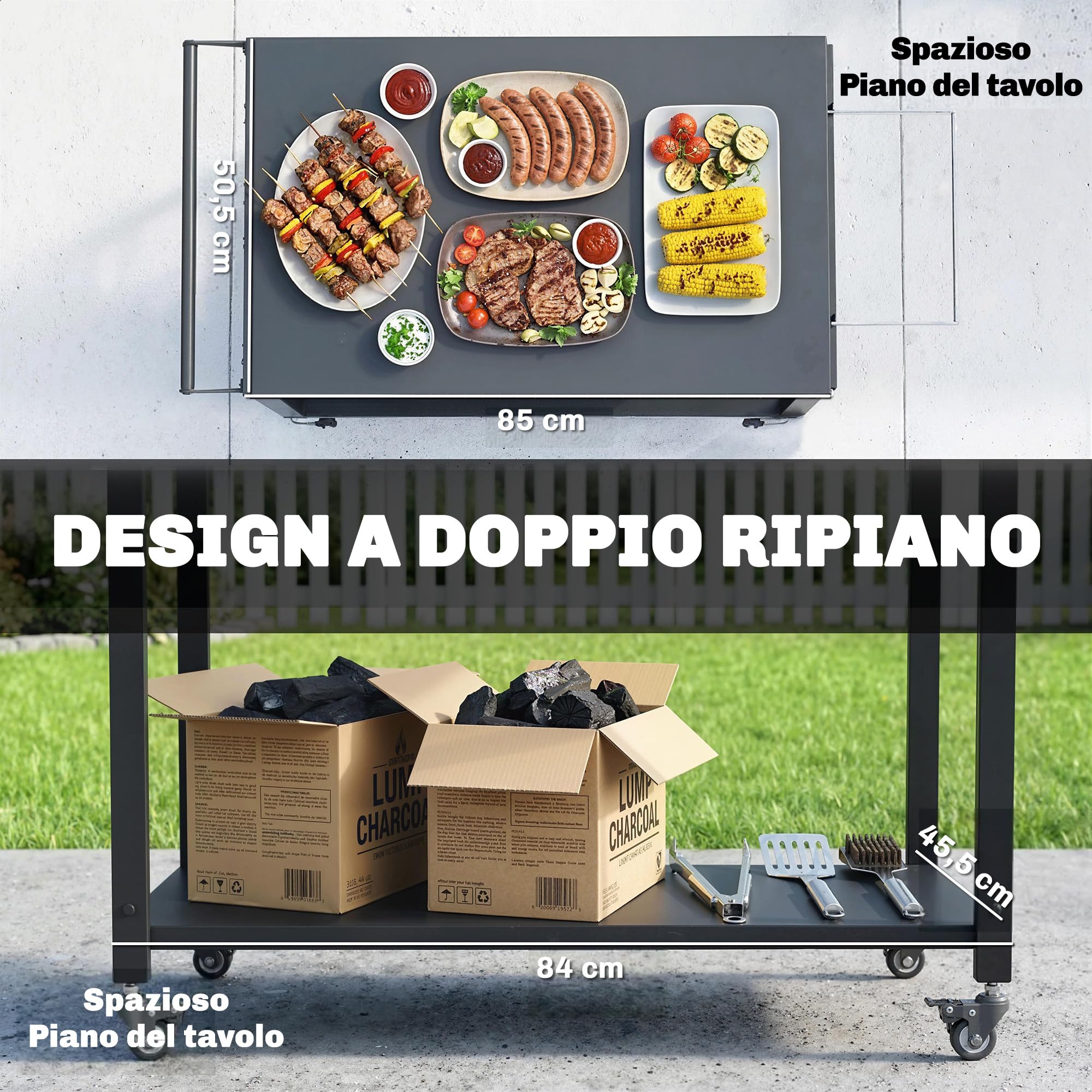 Outsunny Carrello Barbecue da Esterno con 2 Ripiani in Metallo, Tavolo Cucina da Esterno con Ruote, Maniglia, Portasacchi e Ganci, 113x50.5x88 cm, Nero