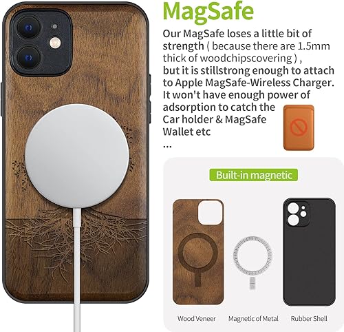 Miniatura 5 de Carveit Funda magnética de madera para iPhone 12 madera real dura y TPU suave negro a prueba de golpes, funda de madera única y elegante compatible