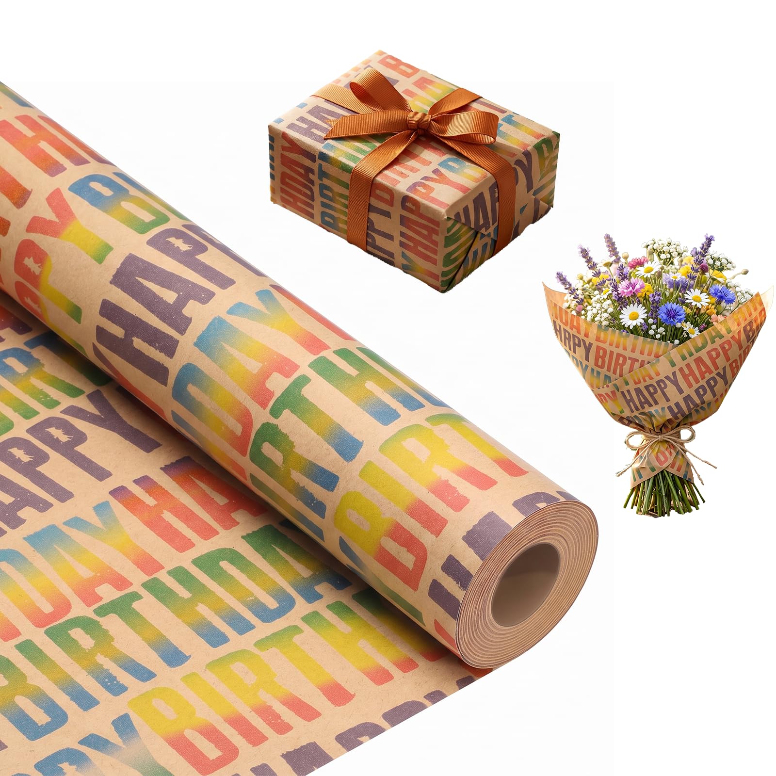 25m x 43cm Birthday Kraft Wrapping Paper Roll, Colorful Kraft Gift Wrap
