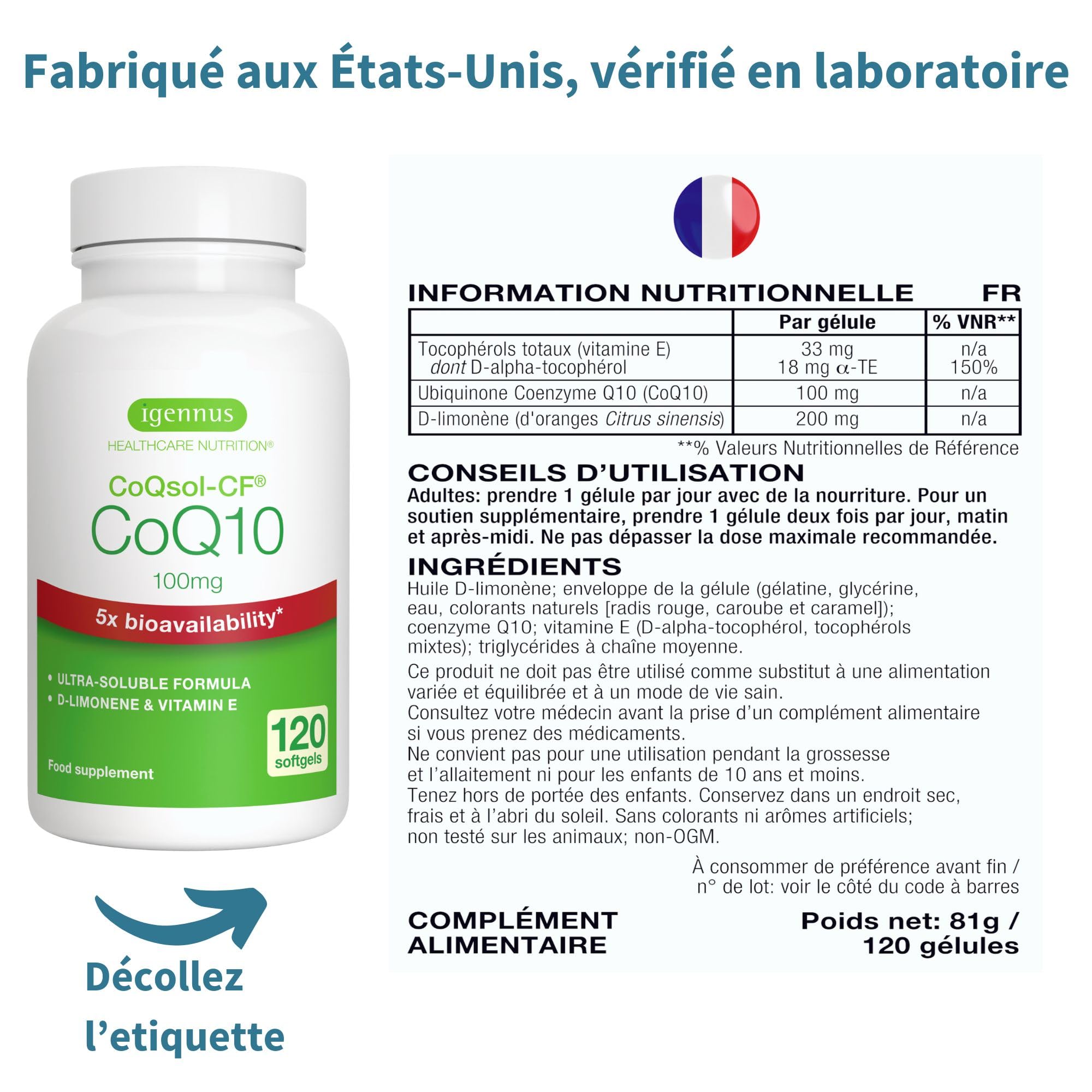 COENZYME Q10-120 Gélules, Ubiquinone à Haute Absorption, Enrichie en Vitamine E & D-Limonène, 5x plus Biodisponible, CoQ10, Formule ultra-soluble CoQsol-CF, Clean Label, 1-par-jour - par Igennus