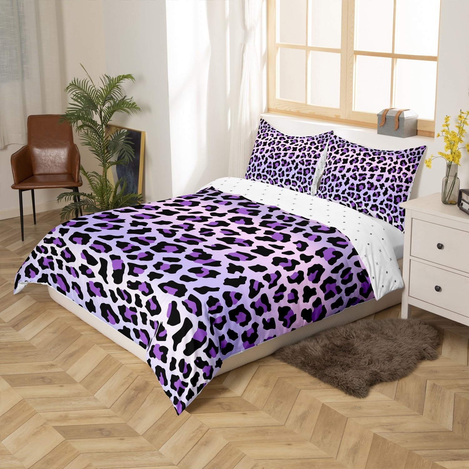Feelyou Purple Leopard Duvet Cover Cheetah Bedding Set for Kids Boys Girls Teens Room Decor Animal Print Comforter Cover Set Full Size Safari Bedspread Cover 3Pcs Zipper