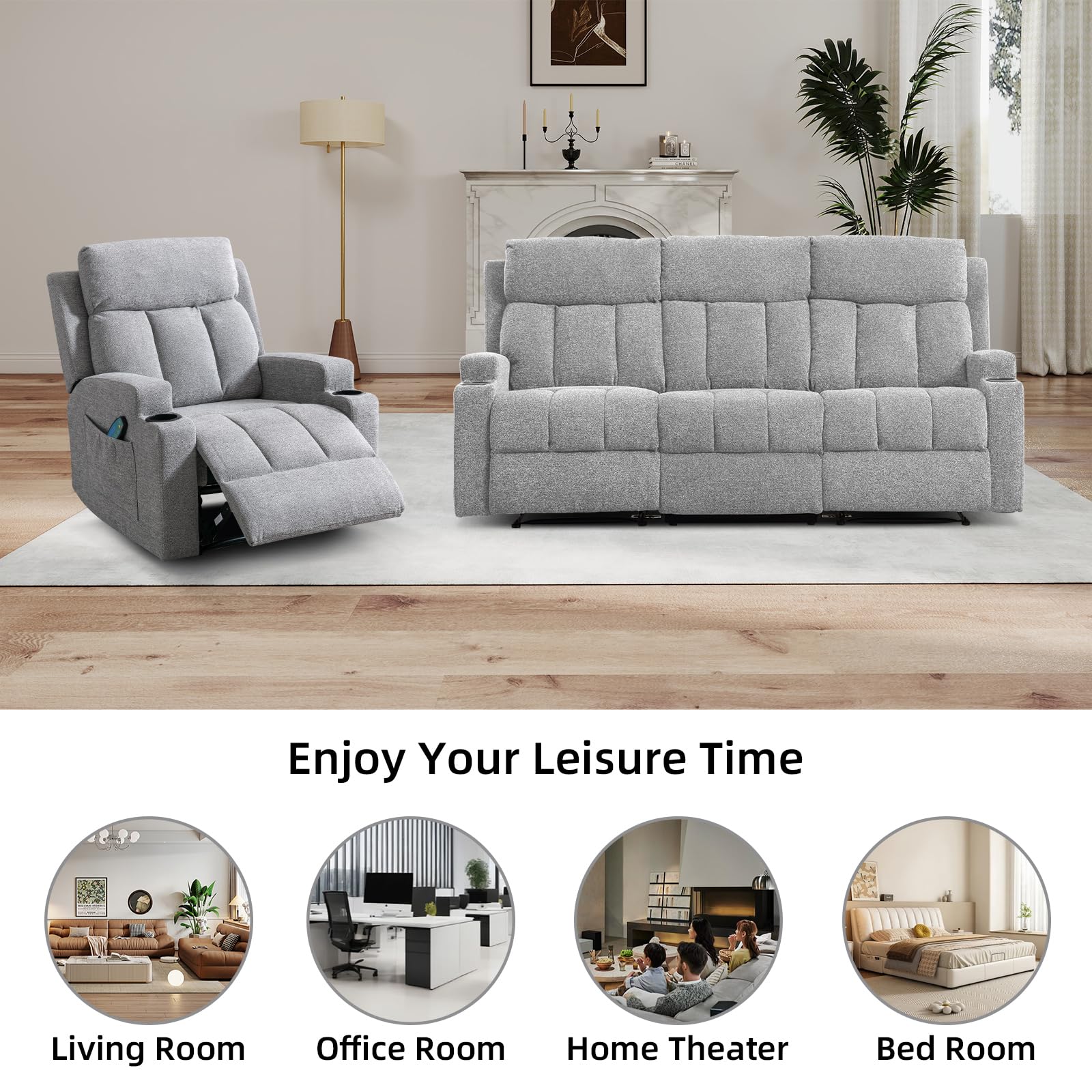CANMOV Manual Recliner Sofa Set, Fabric Recliner Living Room Furniture Sets, 1 Seat Reclining Chair and a 3 Seate Sofa Furniture Set with Side Pockets and Cup Holders, Light Grey view 9