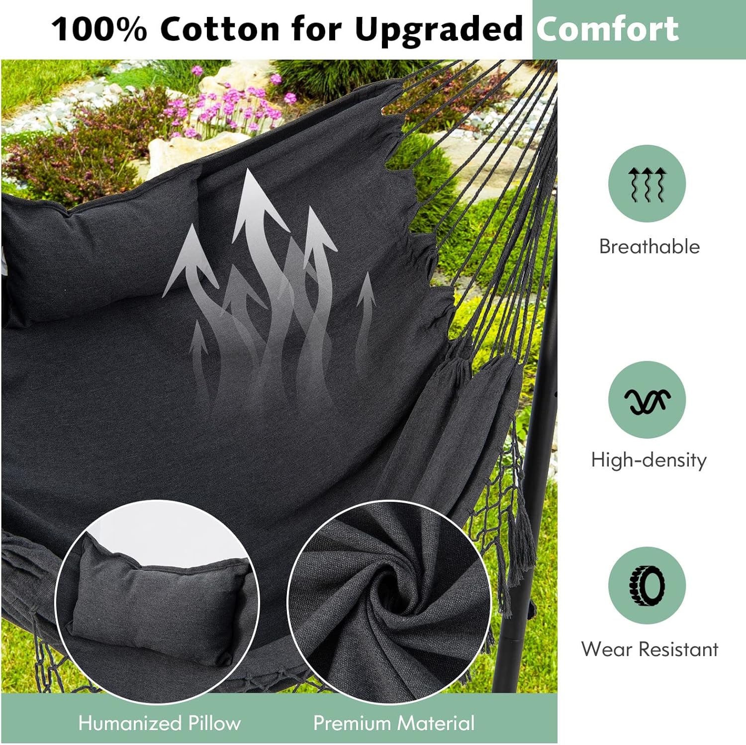 Tangkula Hammock Chair with Stand, Bohemian Style Macrame Swing Chair with Stand, Mobile Phone Support, Height Adjustable Hanging Chair with Pillow & Side Pocket for Indoor & Outdoor