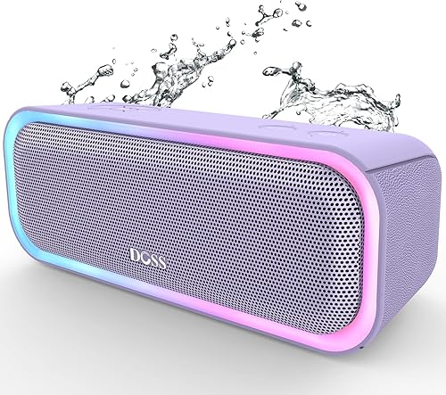 DOSS SoundBox Pro Altavoz Bluetooth, sonido estéreo de 20 W, graves extra activos, tiempo de reproducción de 20 horas, luces multicolor, IPX6 para