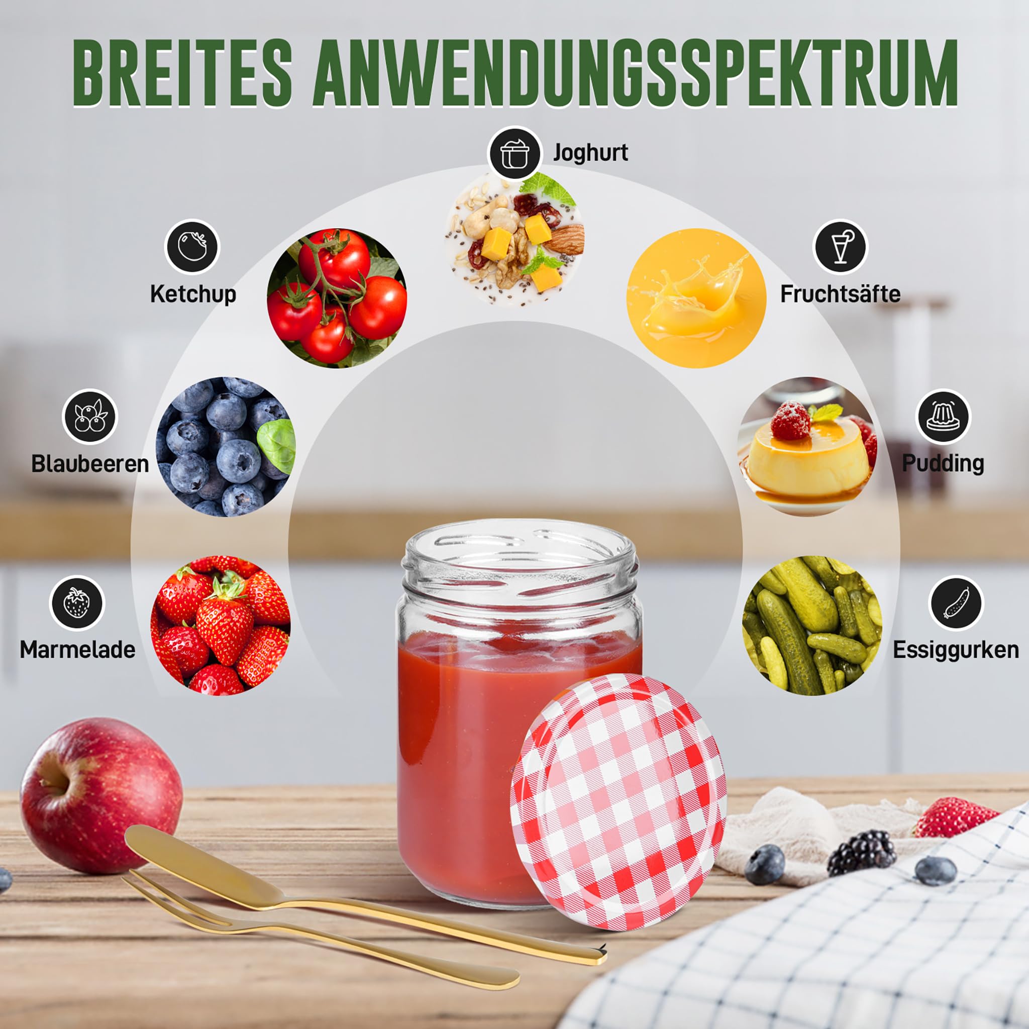 24 barattoli per conserve con coperchio a vite, per marmellata, miele, yogurt, barattoli rotondi con etichette, coltello da frutta e forchetta, 350 ml, con coperchio a quadri