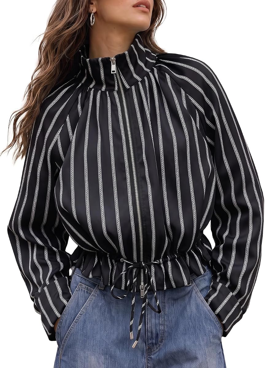 Fisoew Womens Casual Striped Jackets Stand Collar Zip Up Fall Cropped Coat
