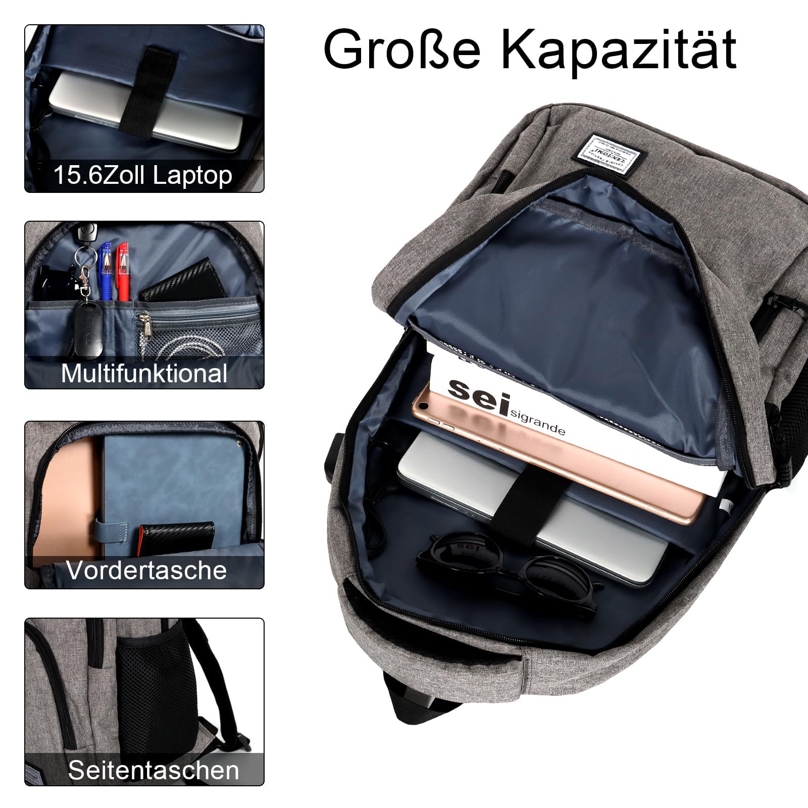 MoFut Zaino da uomo e donna, zaino da viaggio, borsa per la scuola, molti scomparti con scomparto per laptop da 15,6", bagaglio a mano, zaino per studenti, impiegati, viaggi, escursionismo, grigio