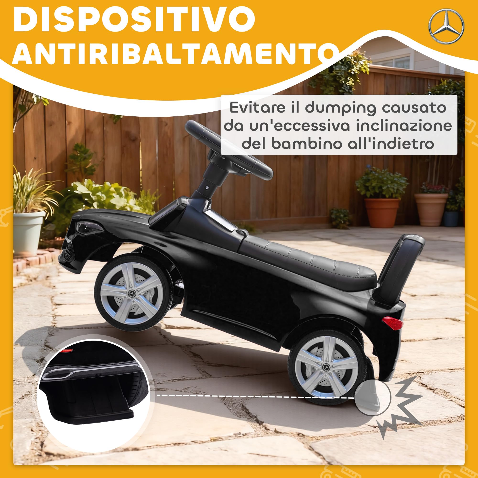 AIYAPLAY Macchina Primi Passi per Bambini Licenza Mercedes Benz con Clacson e Spazio Portaoggetti, Auto per Bambini in PP e Acciaio, 65x28x39 cm, Nero