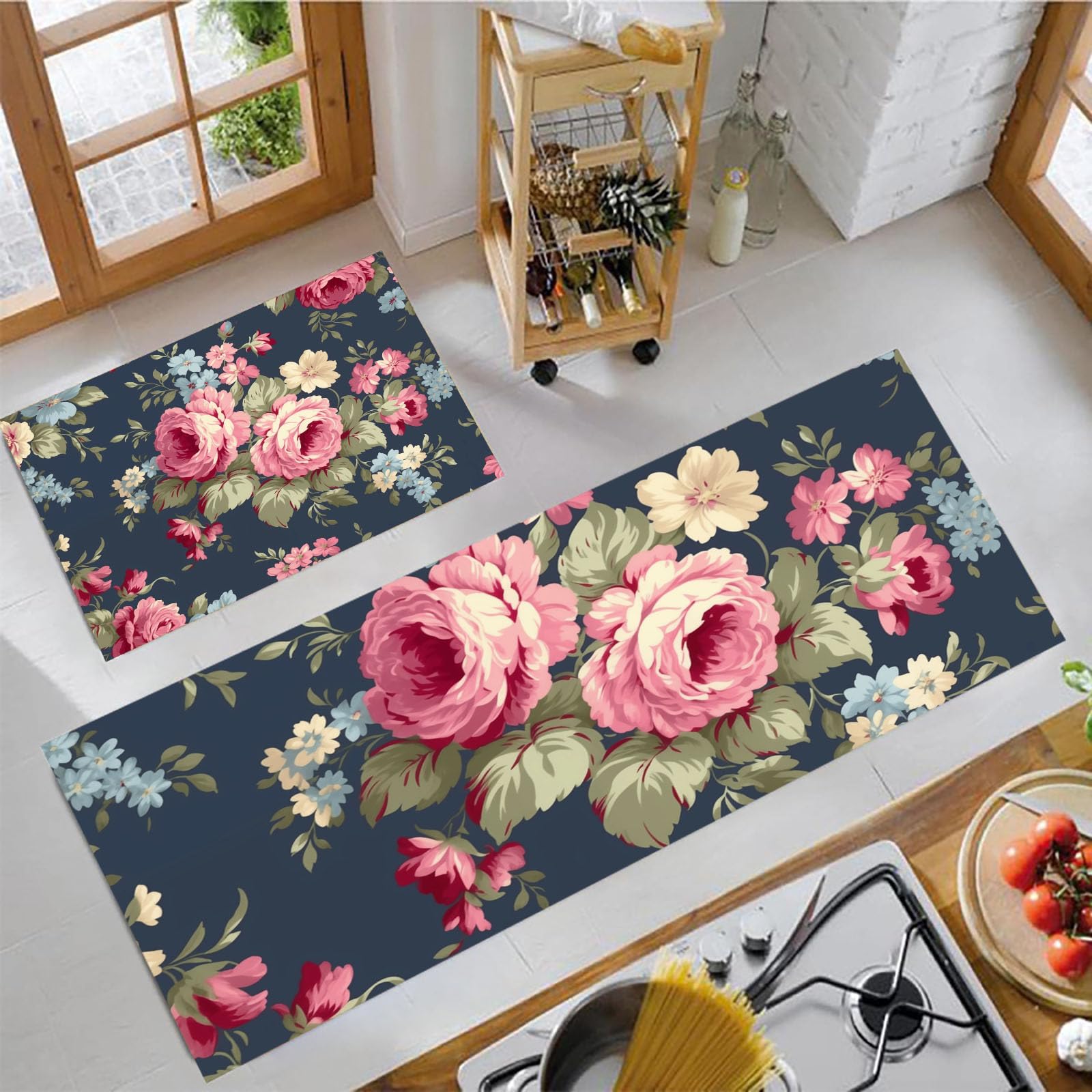 Tapetes de cocina antideslizantes y absorbentes de manchas juego de 2 alfombras estampadas peonía