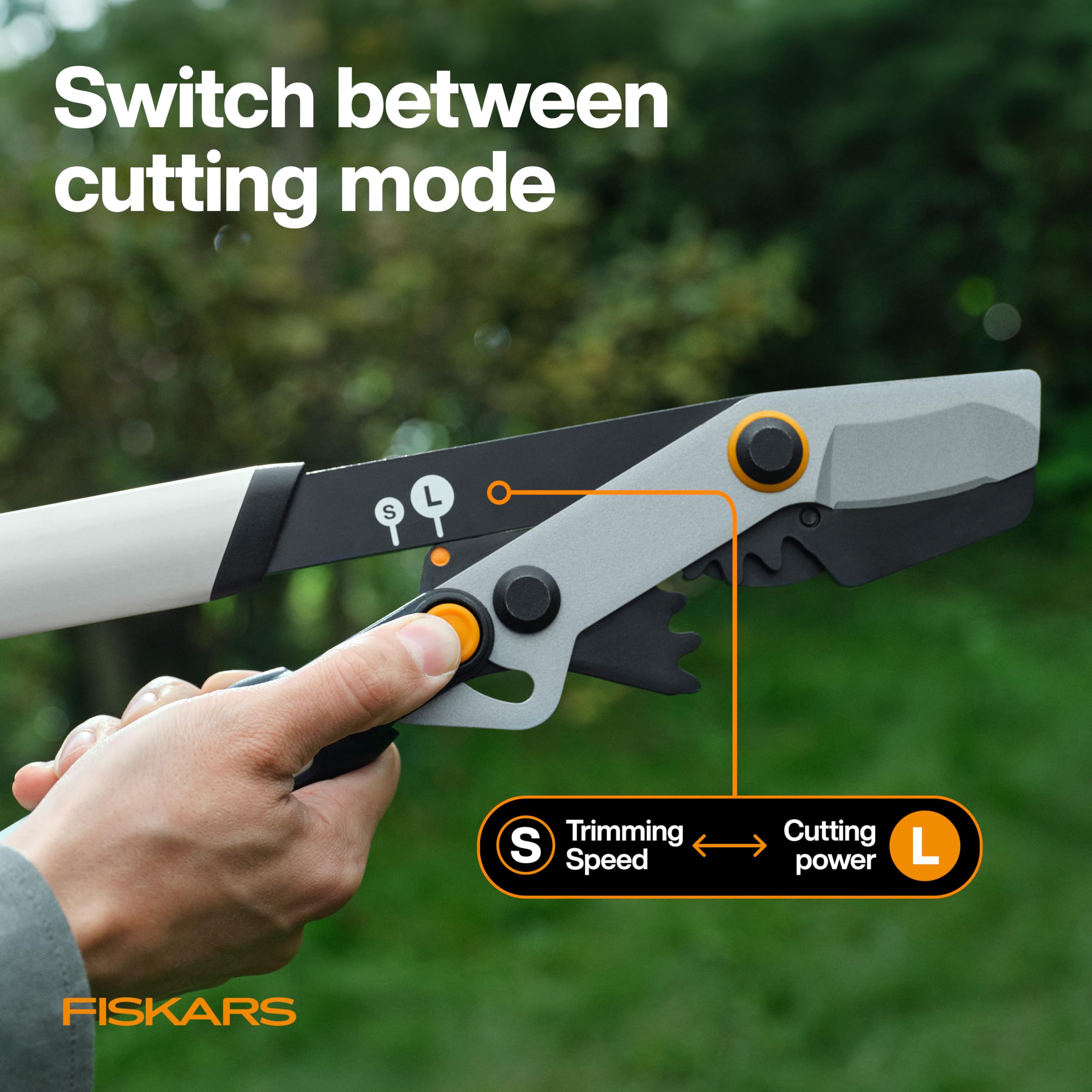 Fiskars DualAction Astschere, 2-in-1-Astschere mit Dual-Schneidmodi, S-Modus für präzise Scheren für Stiele, L-Modus für Kraft durch Äste, reibungsarme Stahlklinge, 5,1 cm Schnittkapazität