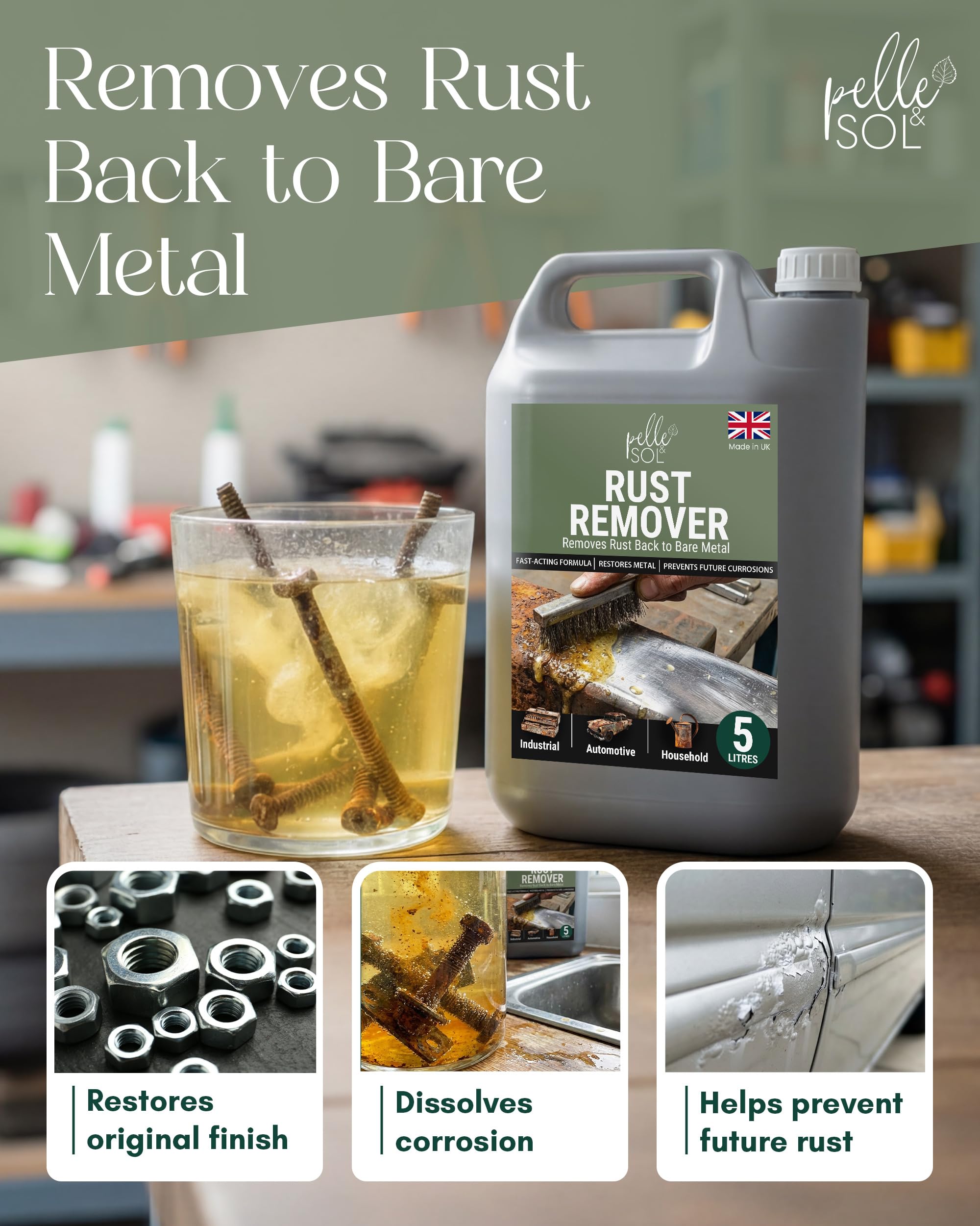 Pelle & Sol Rust Remover Solution Ready to Use – Heavy Duty Rust Remover for Metal, Iron, Steel, Aluminium & Chrome – Water Soluble Rust Treatment for Indoor & Outdoor Use - 3