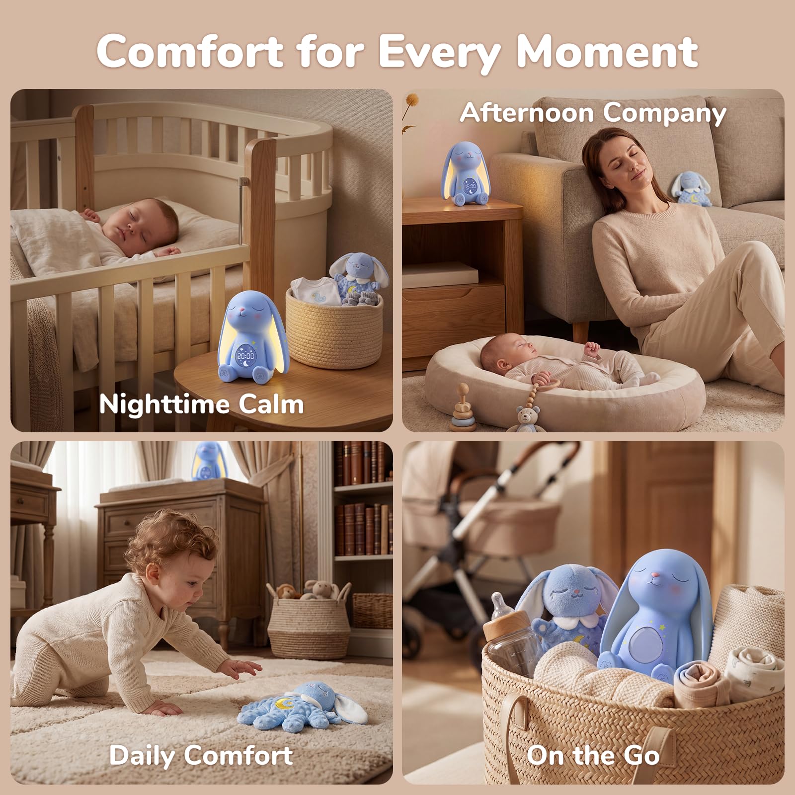 Bunny Baby Comfort Bundle : comprend une machine sonore à bruit blanc (contrôle par application) et une tétine pour bébé (télécommande) avec détection de pleurs avec sons et tapotements doux, cadeaux