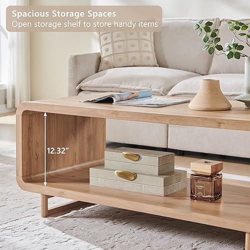 Miniatura 5 de Mesa de Centro Moderna de 48", Mesa Central Minimalista de 2 Niveles con Estante de Almacenamiento, Diseño de Perfil Curvo, Mesa Rectangular de