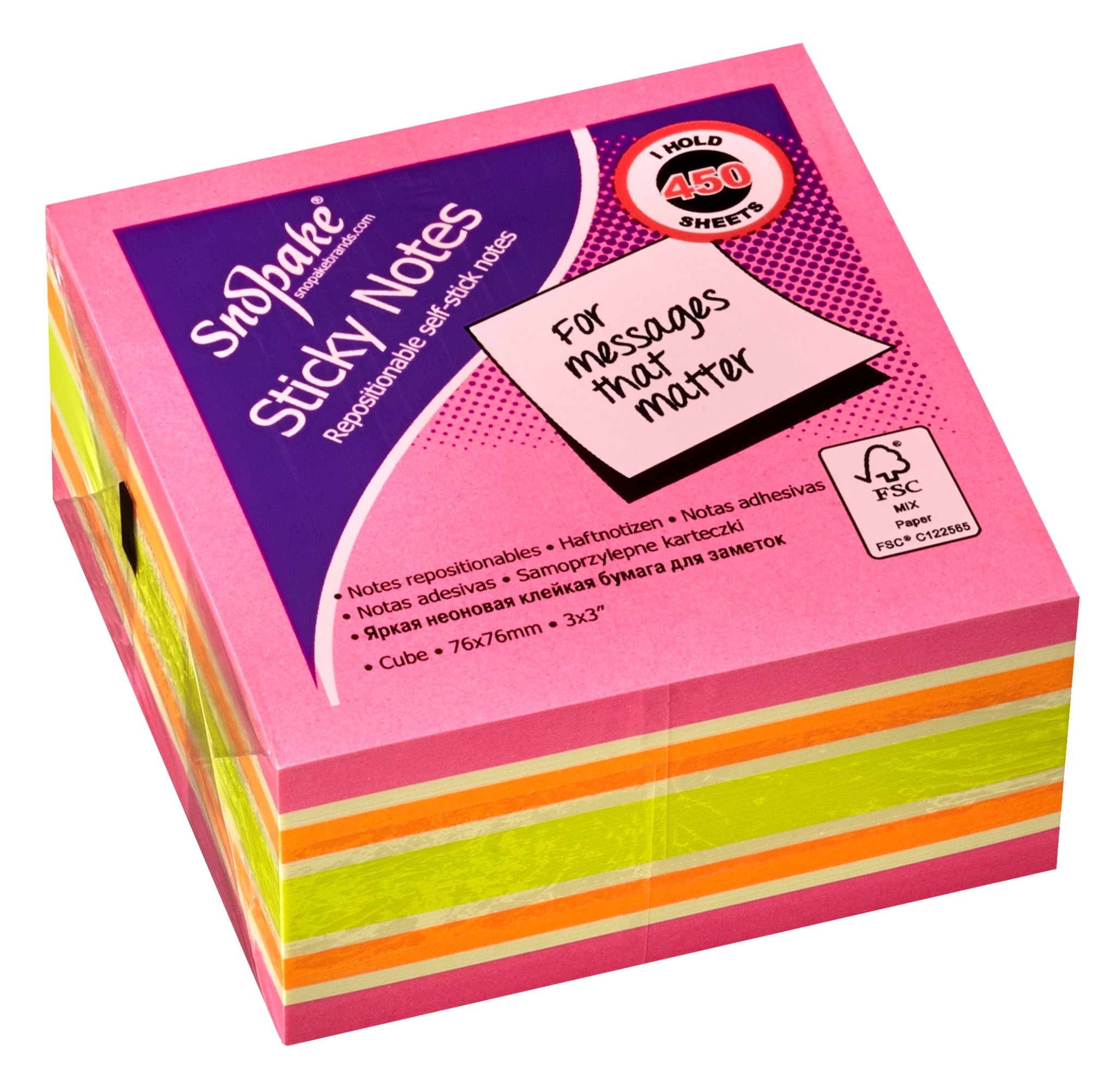 Snopake 76 x 76 mm Pink Rainbow NeonMix Sticky Notes [Cube of 450 Sheets] 15759