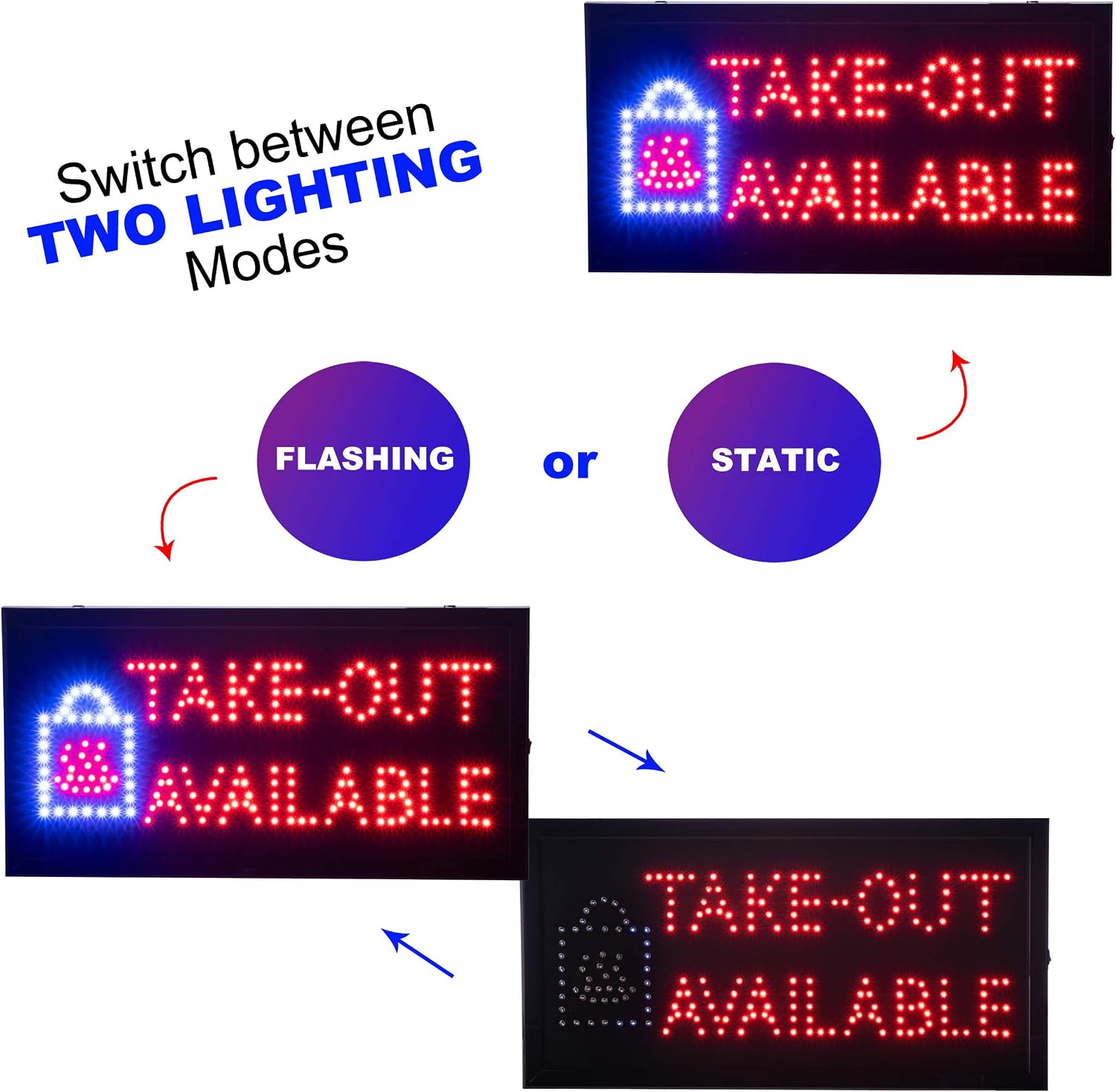 Flash Deals - 60% OFF Ultima LED Neon Take-Out Available Sign for Restaurants: Lighted Sign with Static and Flashing Modes – Indoor Electric Light up Signs for Food Trucks, Coffee Shops, Bars and Cafes (19 x 10 in) 60% Off Discount Ultima LED Neon Take-Out Available Sign for Restaurants: Lighted Sign with Static and Flashing Modes – Indoor Electric Light up Signs for Food Trucks, Coffee Shops, Bars and Cafes (19 x 10 in)