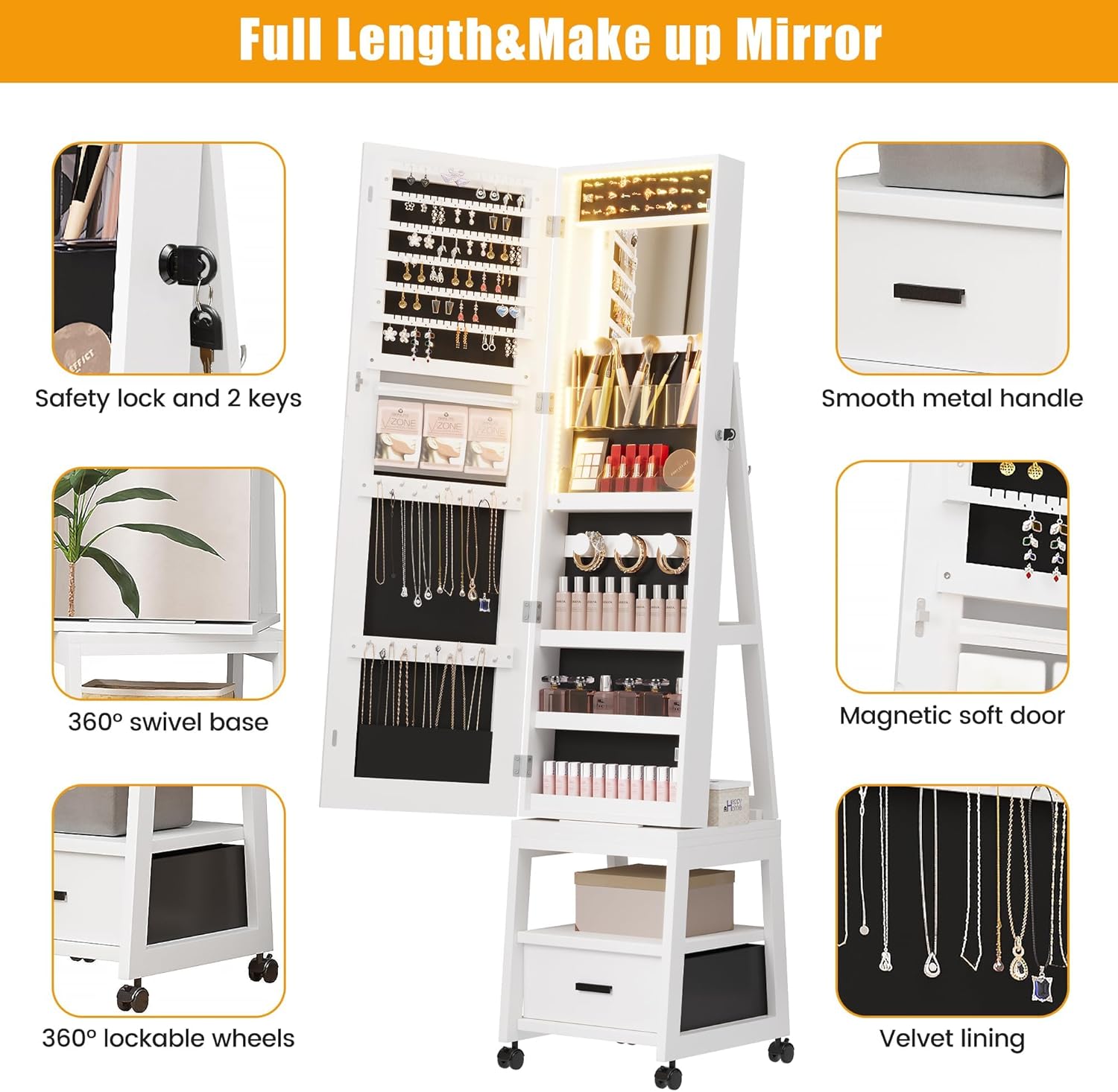 ക്ലോസ് അപ്പ് view of GAOMON Swivel Jewelry Cabinet features including lock, swivel base, LED lights, and magnetic door