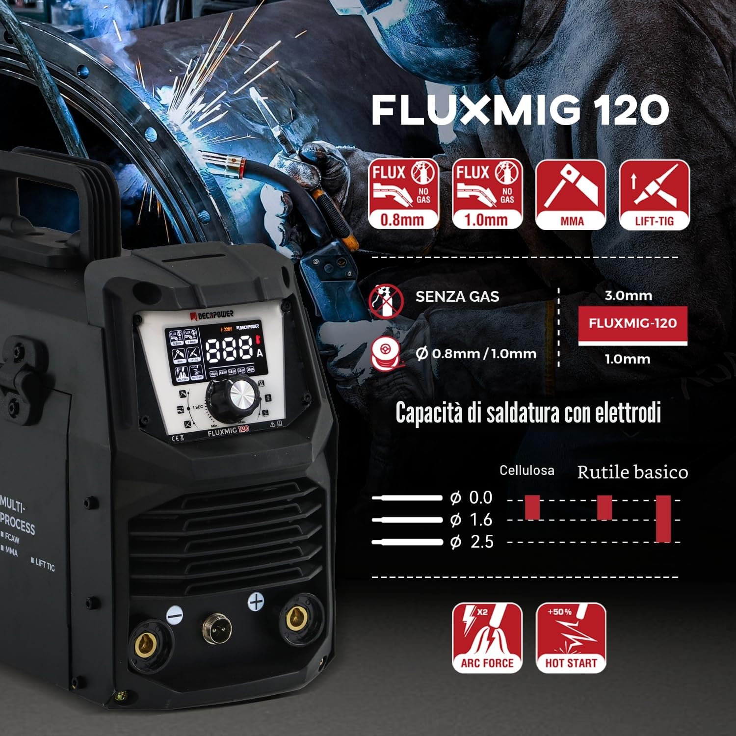 Decapower 220V Saldatrice 120A Arco Lift TIG FLUX MIG 3 in 1 senza gas FLUXMIG-120