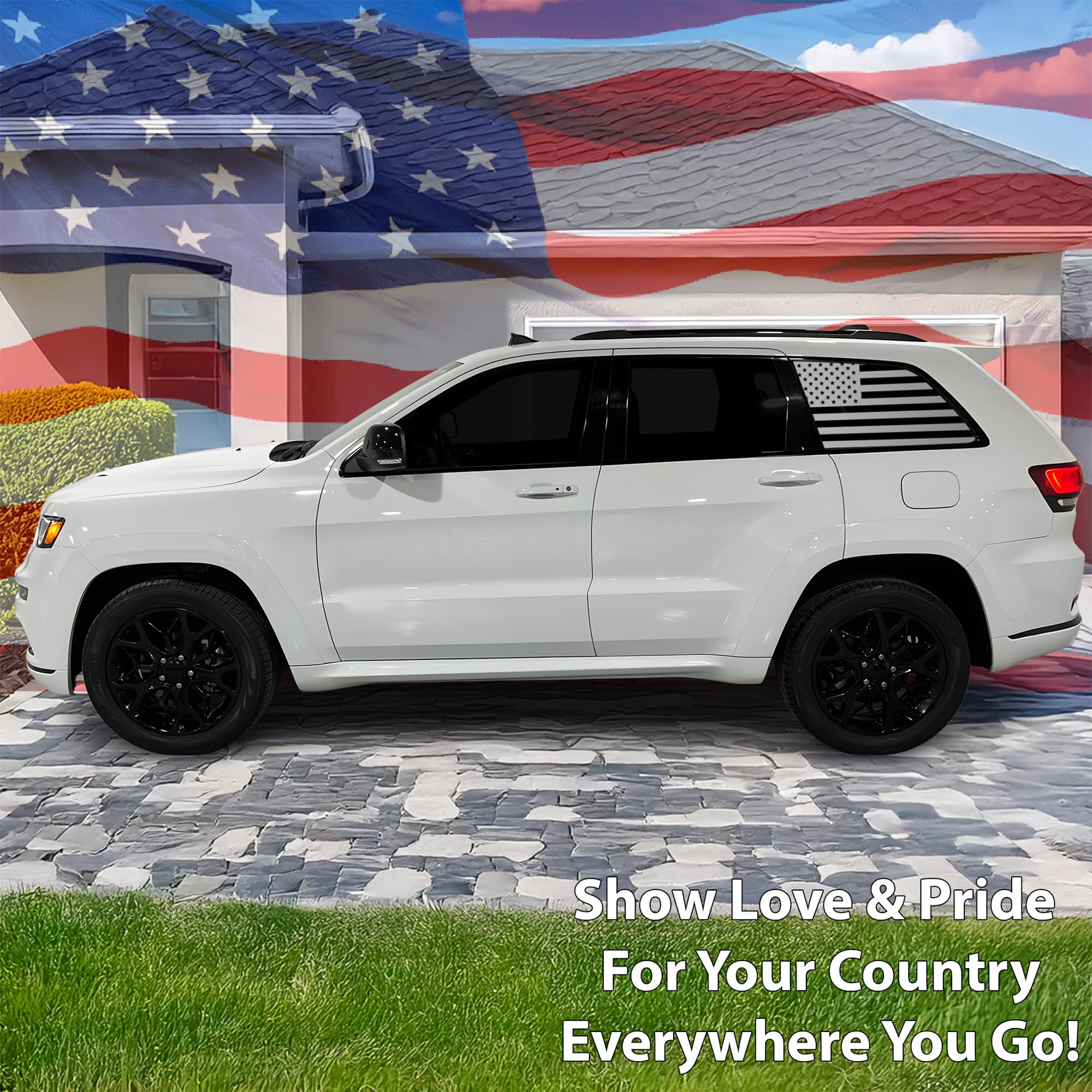 Bogar Tech Designs - Precut American Flag Rear Side Quarter Window Decals Compatible with Jeep Grand Cherokee 2011-2021, Matte Black