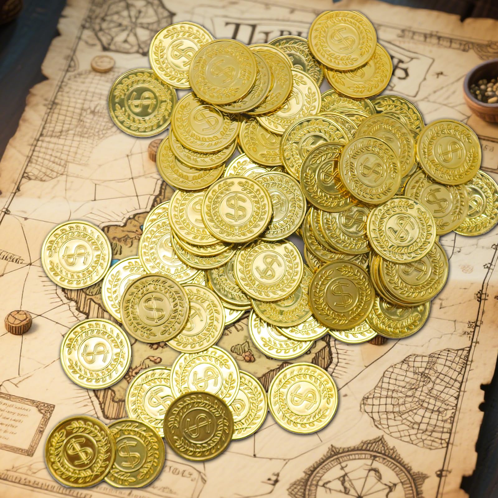 soitzhoc 100 piezas monedas de plastico，dinero de juguete，monedas de oro falsas,monedas juguete，monedas de oro de juguete para la caza del tesoro y los regalos de fiestas