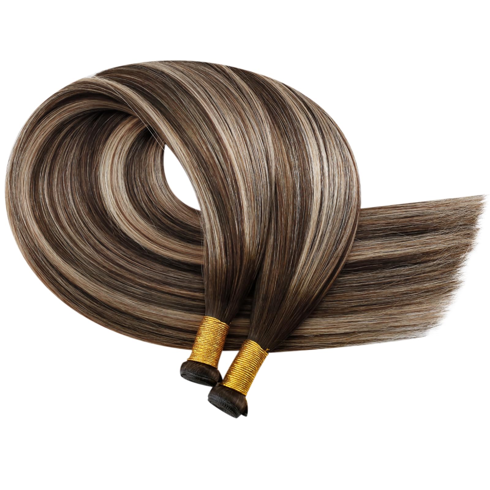 Moresoo Weft Hair Extensions Real Human Hair Medium Brown Highlighted Platinum Blonde Sew in Human Hair Extensions Brown to Blonde Full Head Remy Straight 18 Inch 100g/Pack #P6/60 — view 201