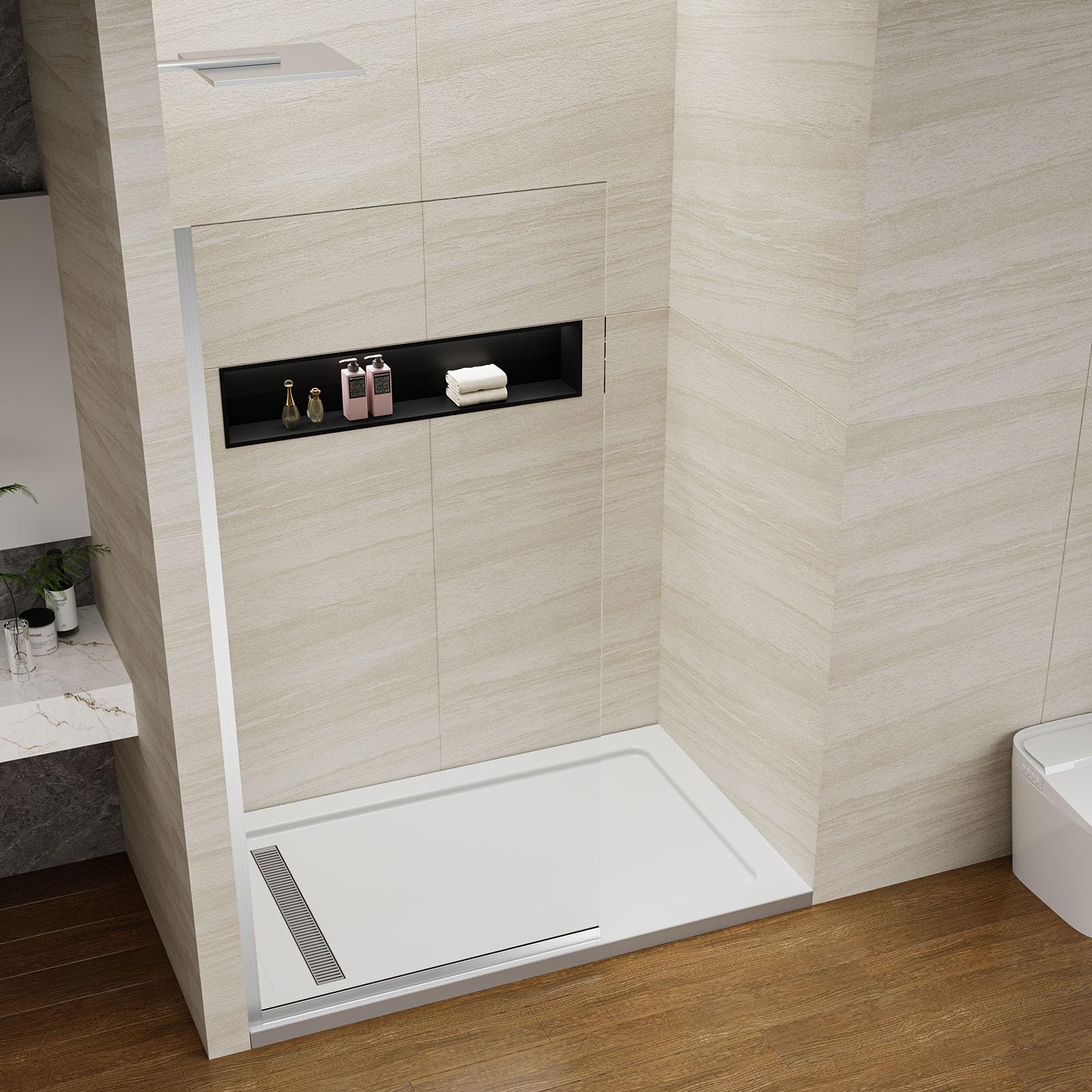 Condition photo showing New/Like New for shower screen 36" x 76" half frameless shower wall panel, tempered glass 3/8 inch, easy to clean coating, fixed glass shower door with hardware (brushed)