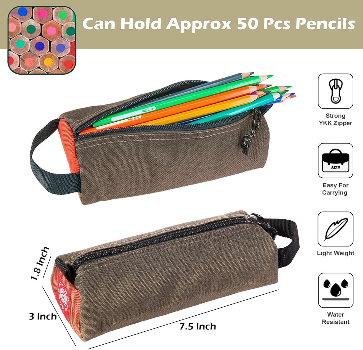 Rough Enough Small Pencil Pouch Case Bag Beige Cordura for Boys Girls Kids Adults School, Office, Art Supplies, Stationary