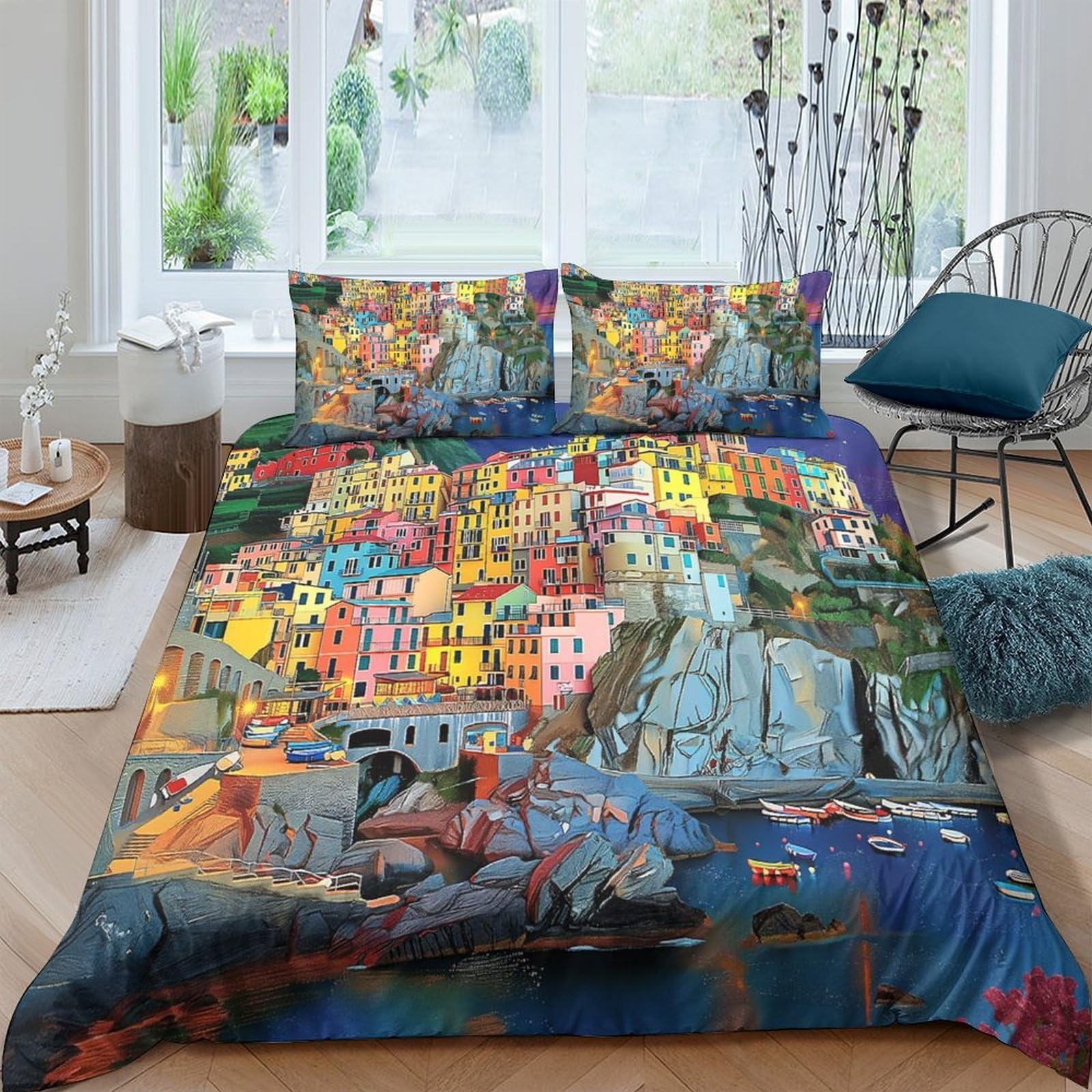 Ctjqhvkz Style-1 3D Printed Colorful Townscape Fitted Sheet Microfiber Soft Art Village Bed Cover For Bedroom Guest Room Decor Single（135X200cm）