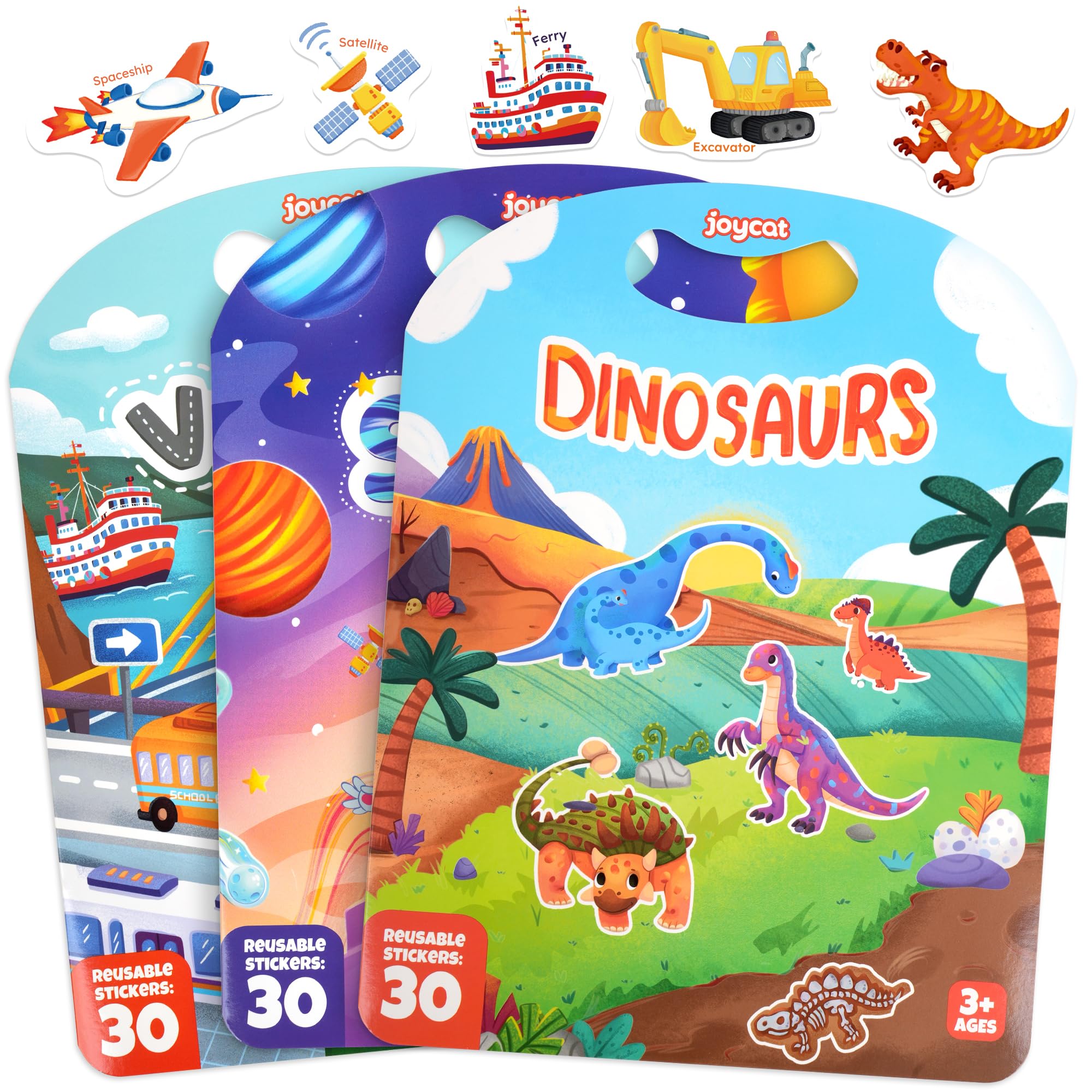 JoyCat Wiederverwendbares Stickerbuch, Dinosaurier, Fahrzeuge, Weltraum